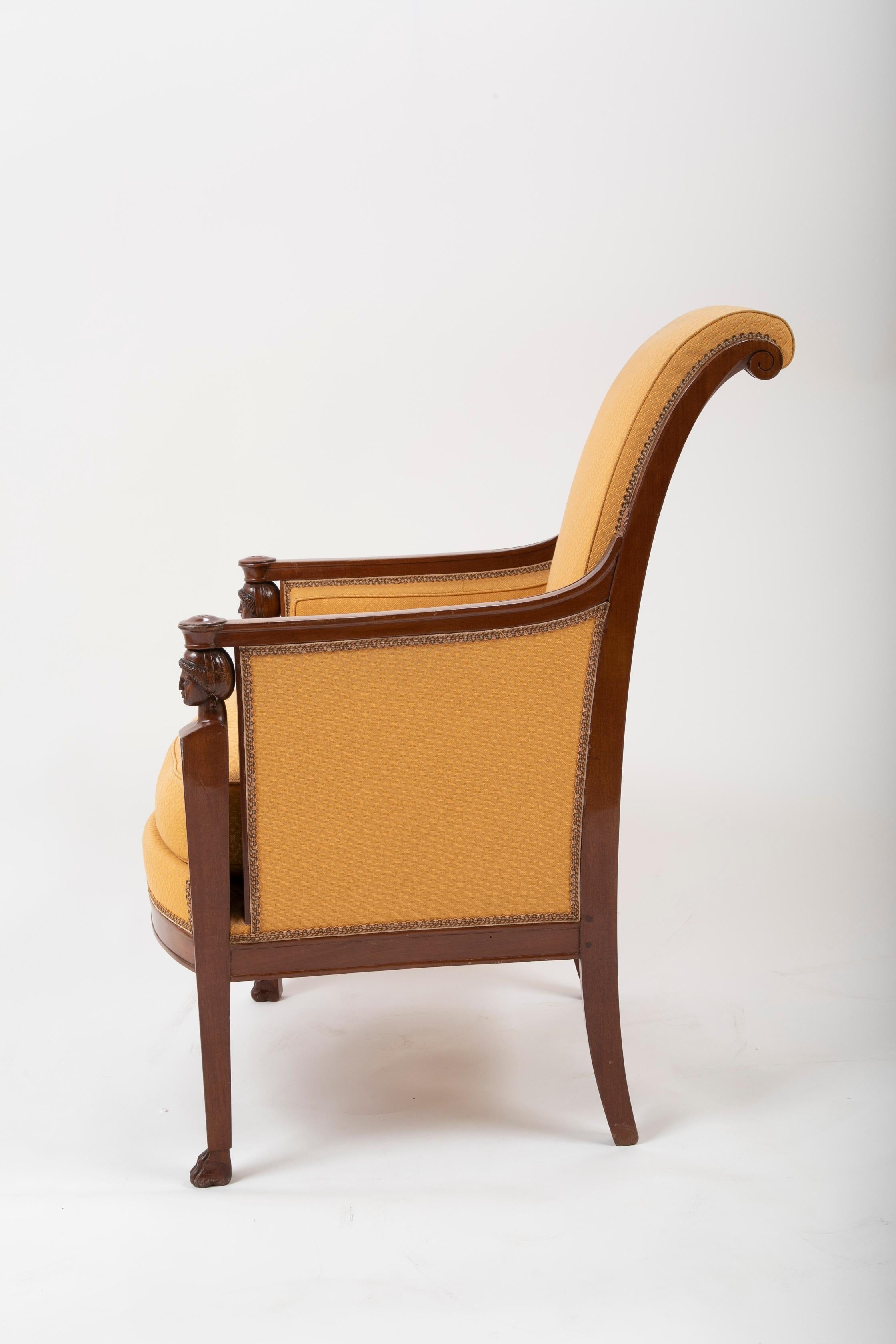 Carved Pair of French Consulat Armchairs in the Egyptian Revival Taste