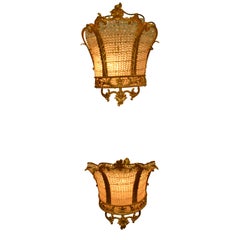 Pair of French Crystal and Gilt Bronze Beaded Sconces in the Shape of Crowns