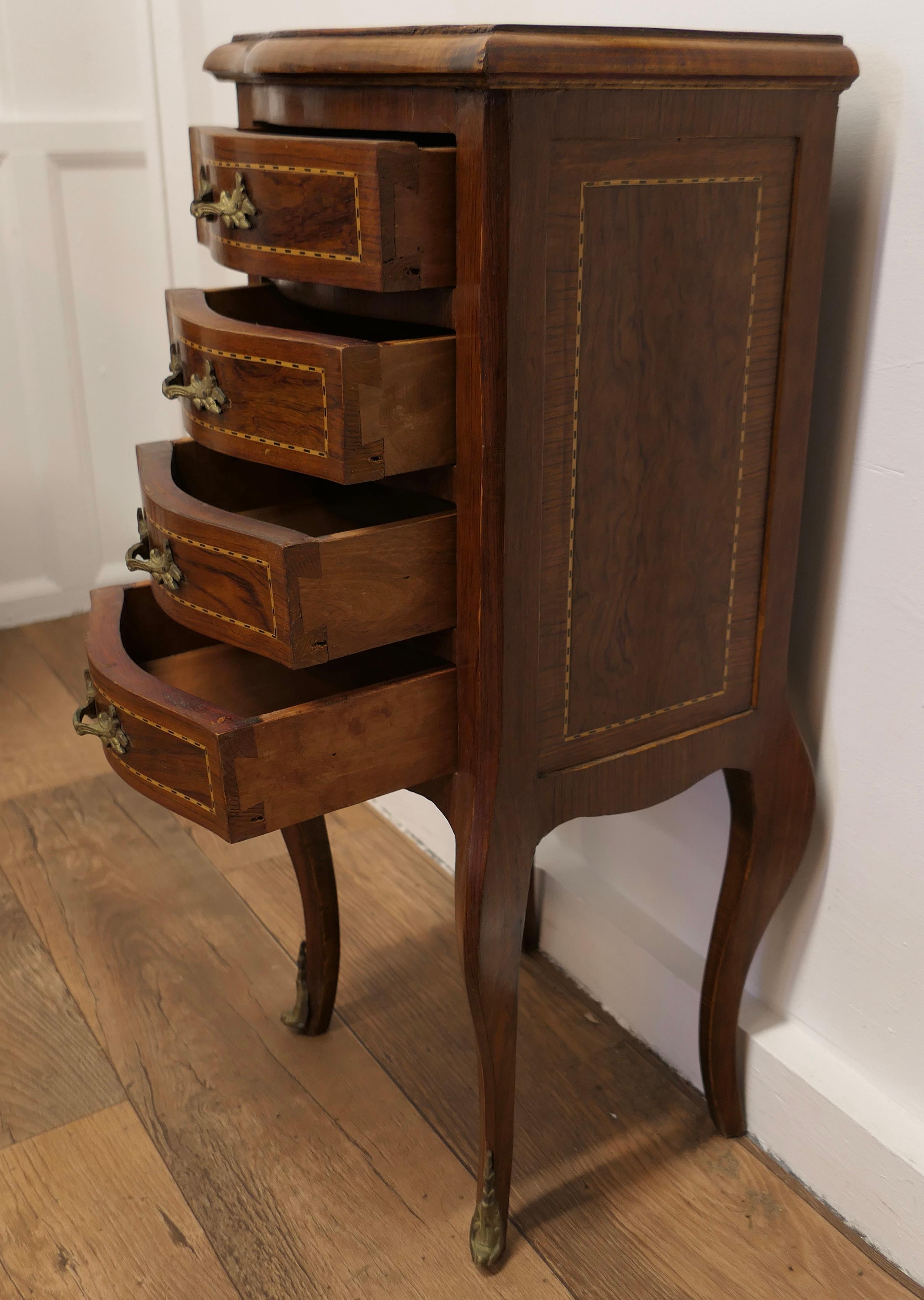 Walnut Pair of French Dainty Four Drawer Ormolu Side Cabinets For Sale