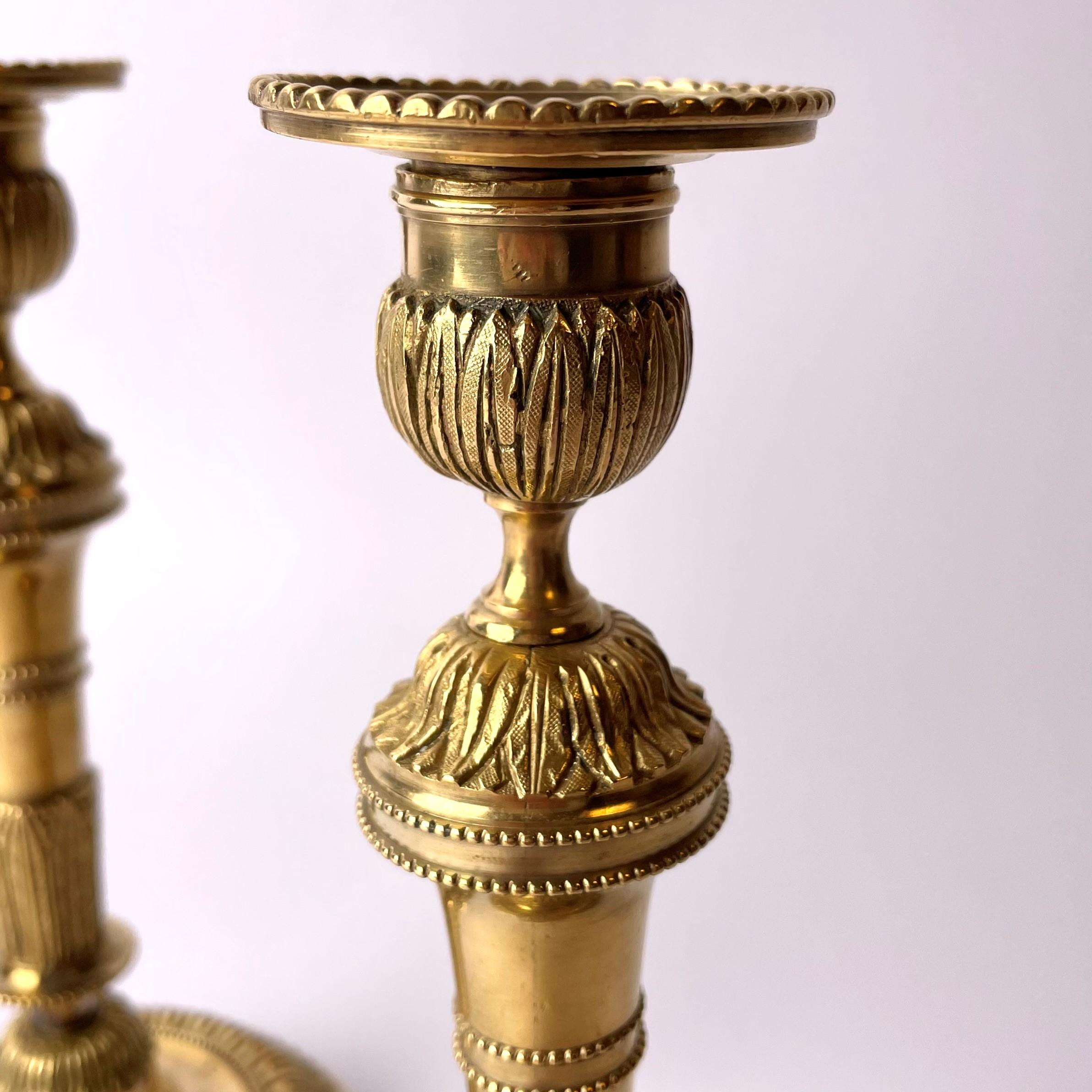 Gold Plate Pair of French Directoire Candlesticks, circa 1790 For Sale
