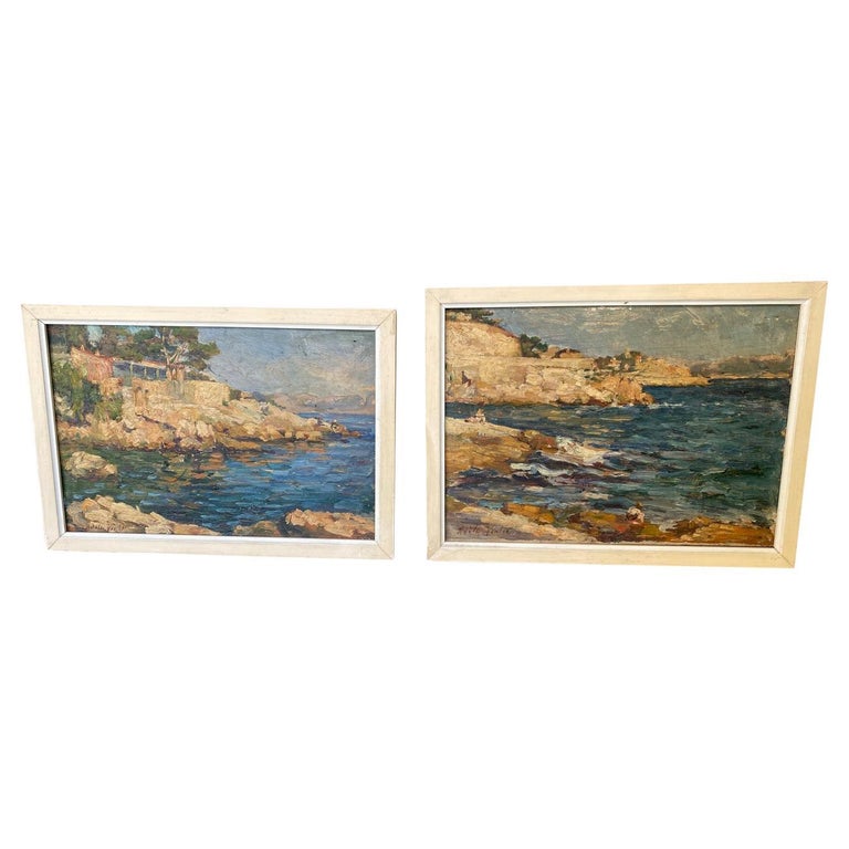 Pair of French Early 20th Century Oil on Board Paintings For Sale