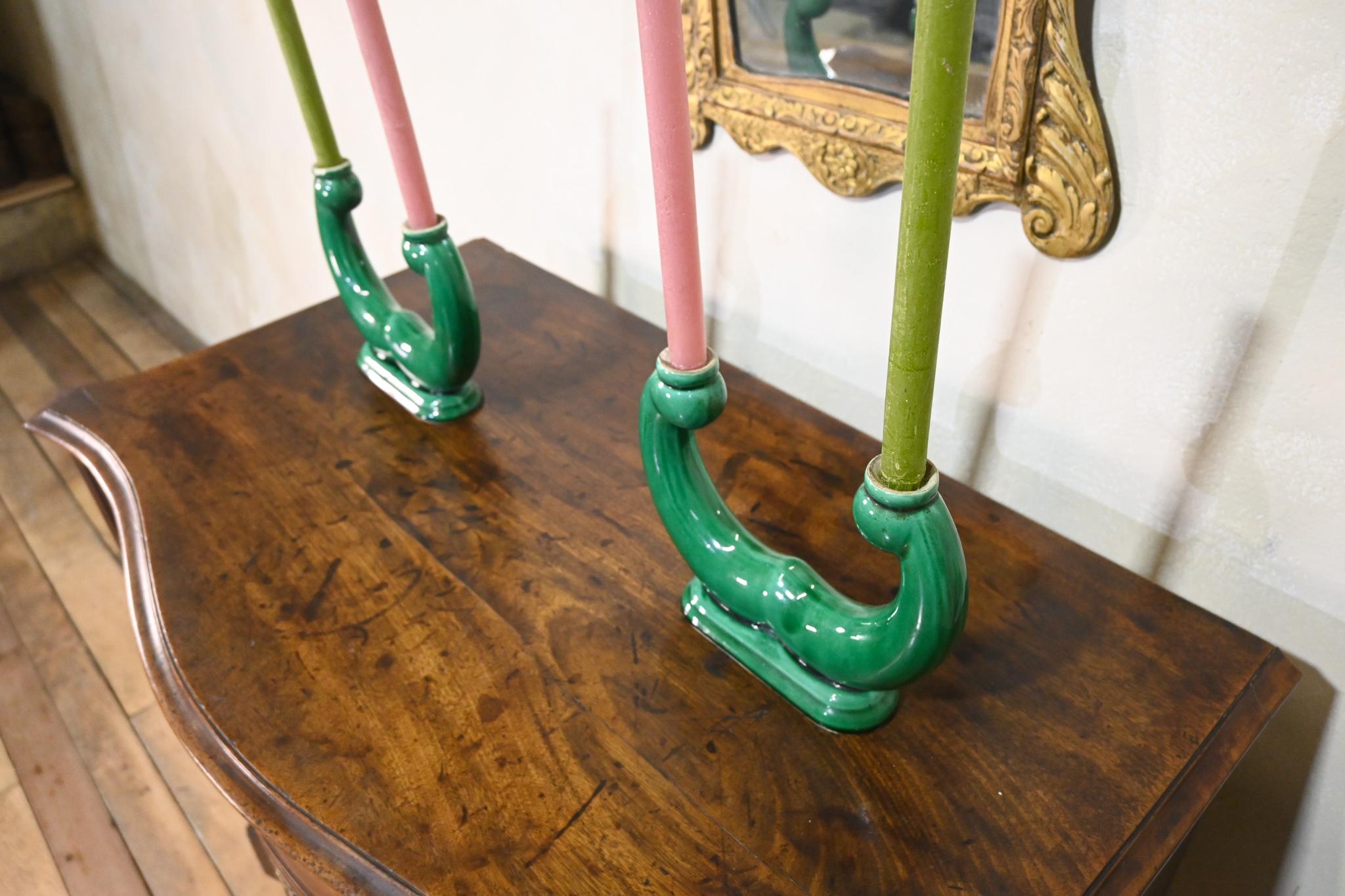 Pair Of French ceramic Green Candlesticks - Vallauris For Sale 4