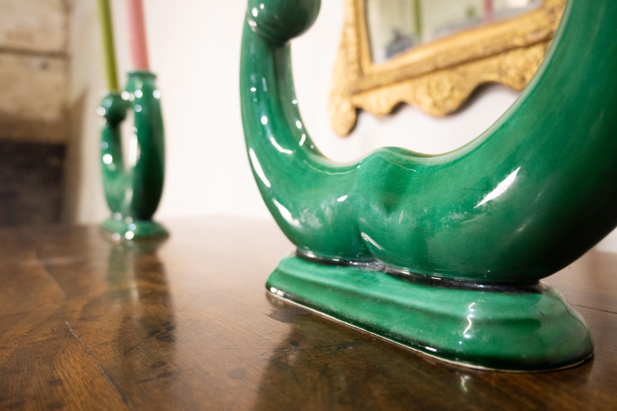 Pair Of French ceramic Green Candlesticks - Vallauris For Sale 5
