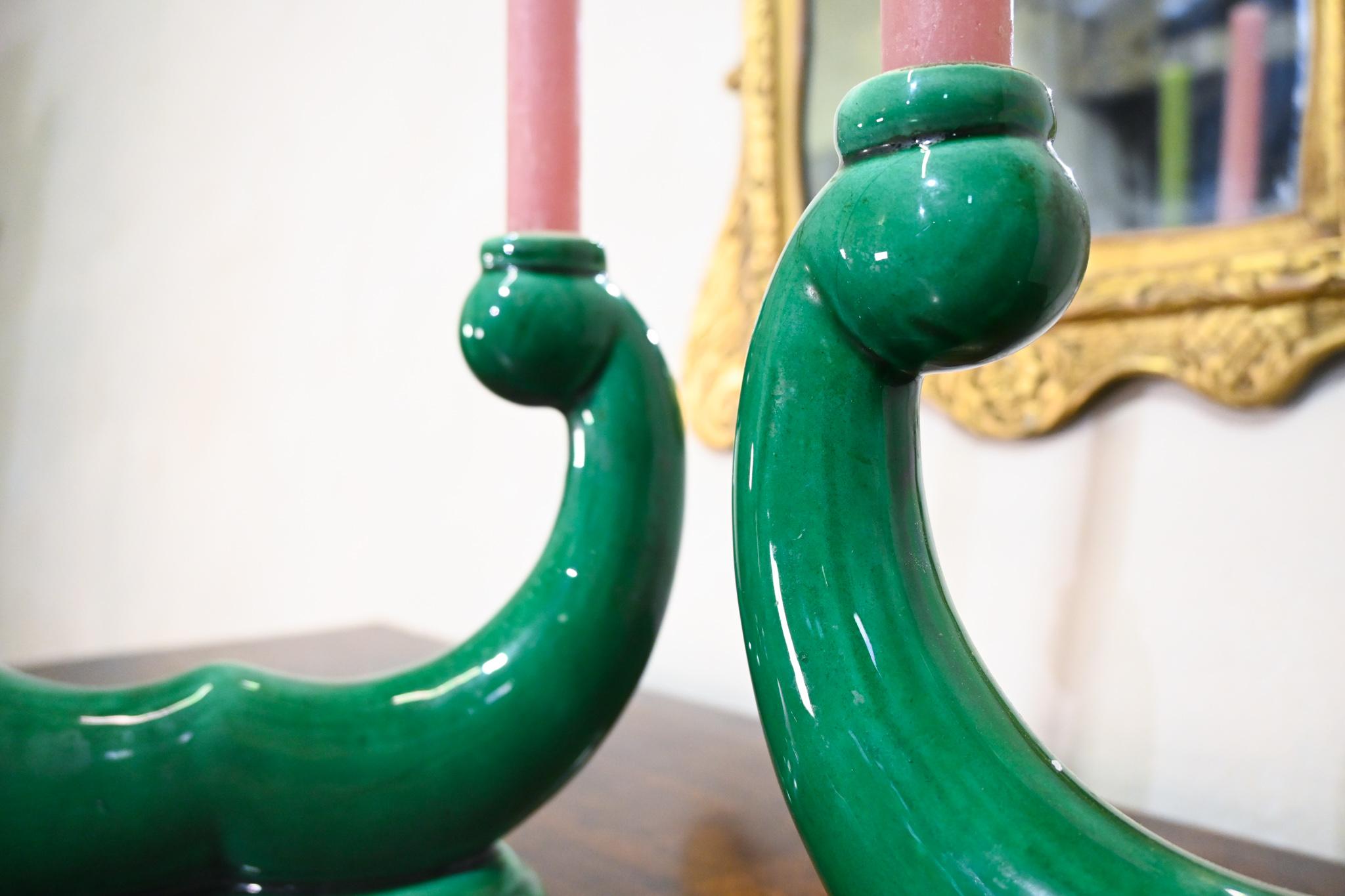 Pair Of French ceramic Green Candlesticks - Vallauris For Sale 8