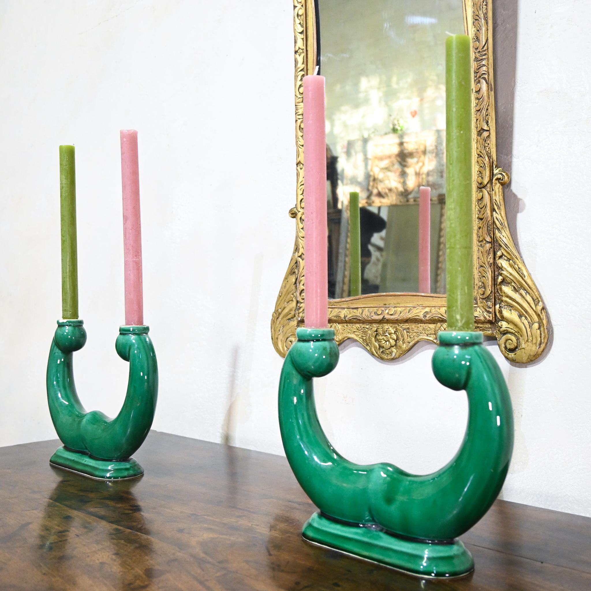 A highly decorative pair of early 20th century French emerald green candlesticks - from Vallauris, France, 1940s. Marked 