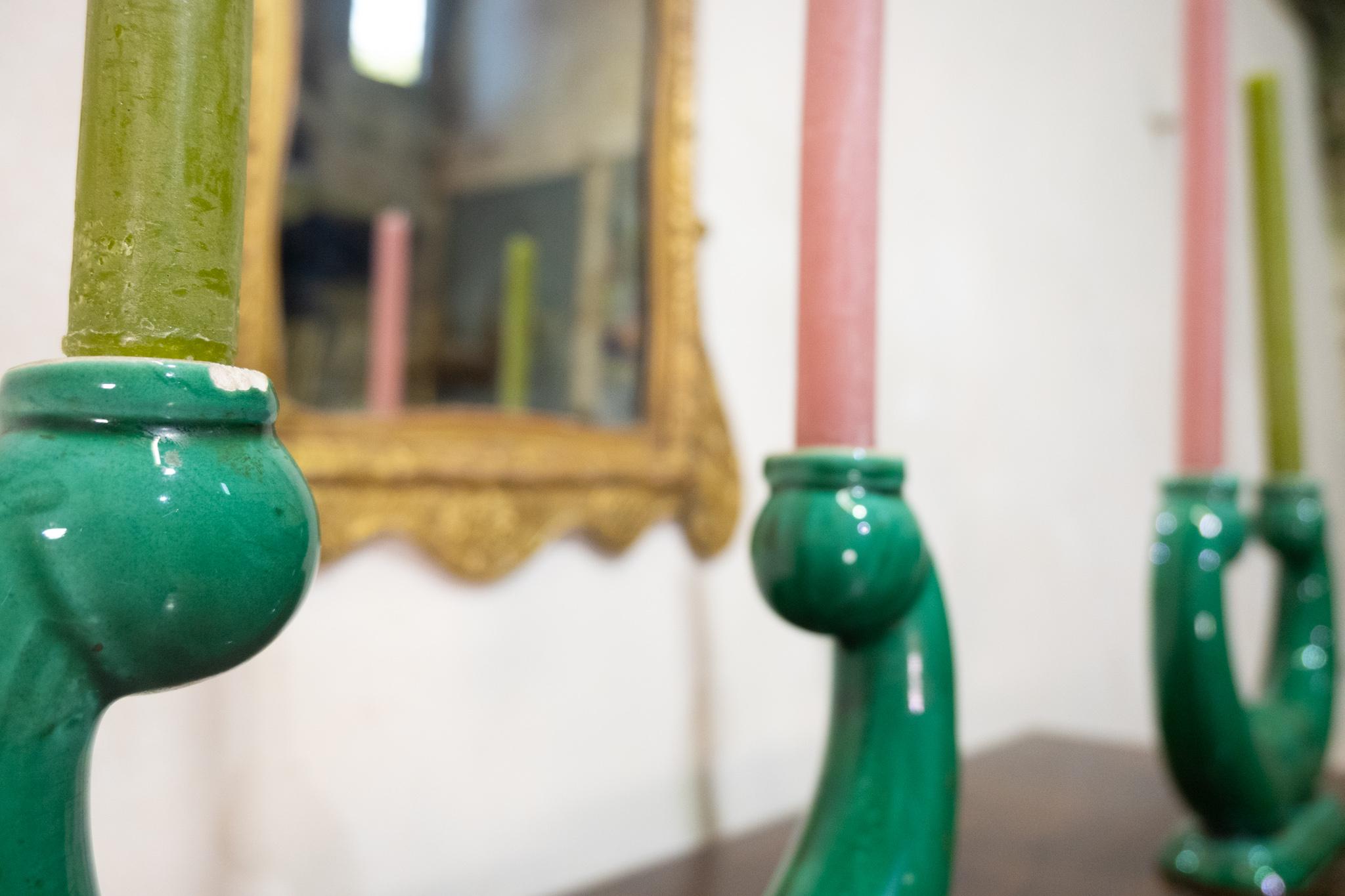 Glazed Pair Of French ceramic Green Candlesticks - Vallauris For Sale