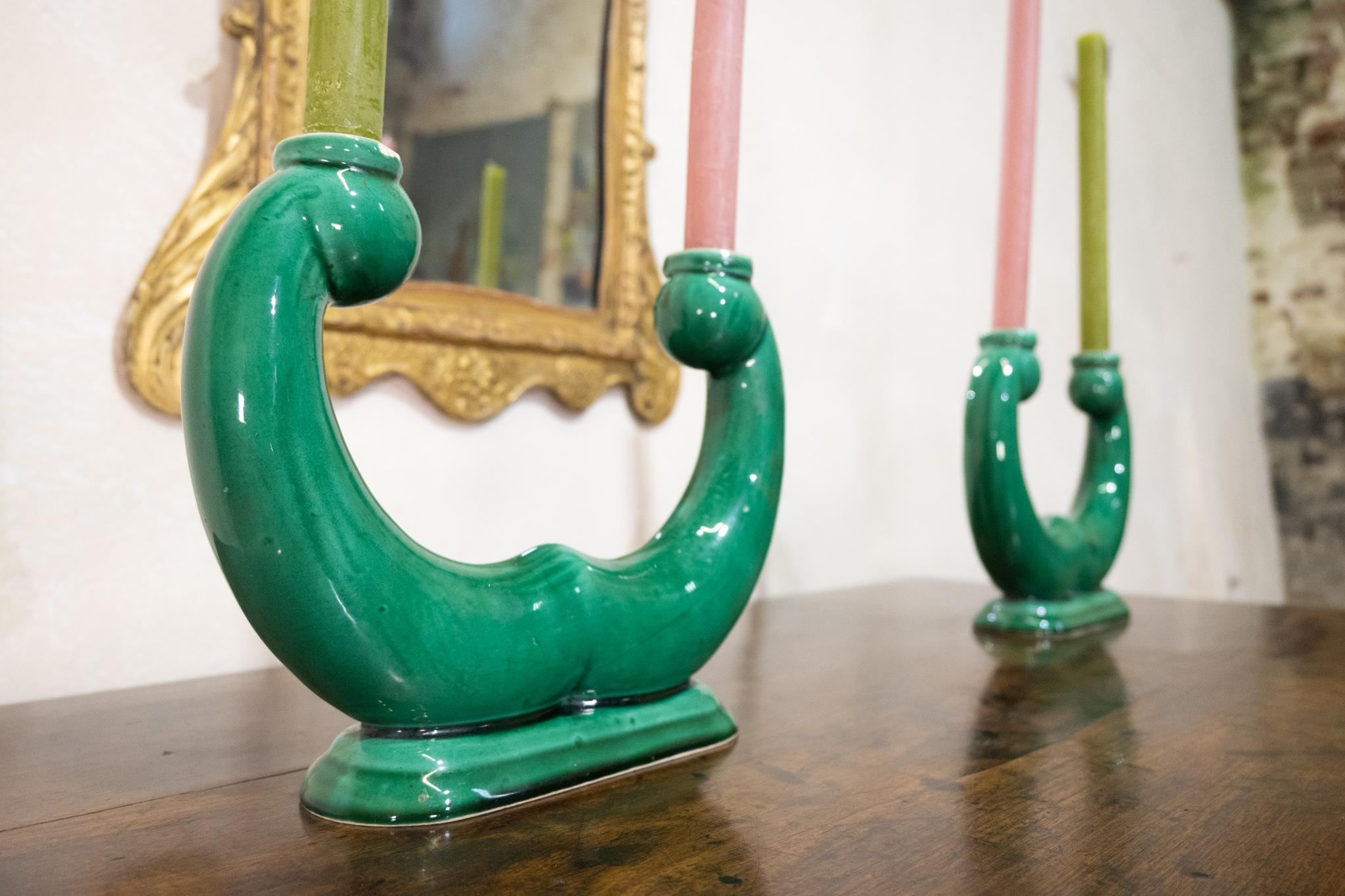 Pair Of French ceramic Green Candlesticks - Vallauris In Fair Condition For Sale In Basingstoke, Hampshire