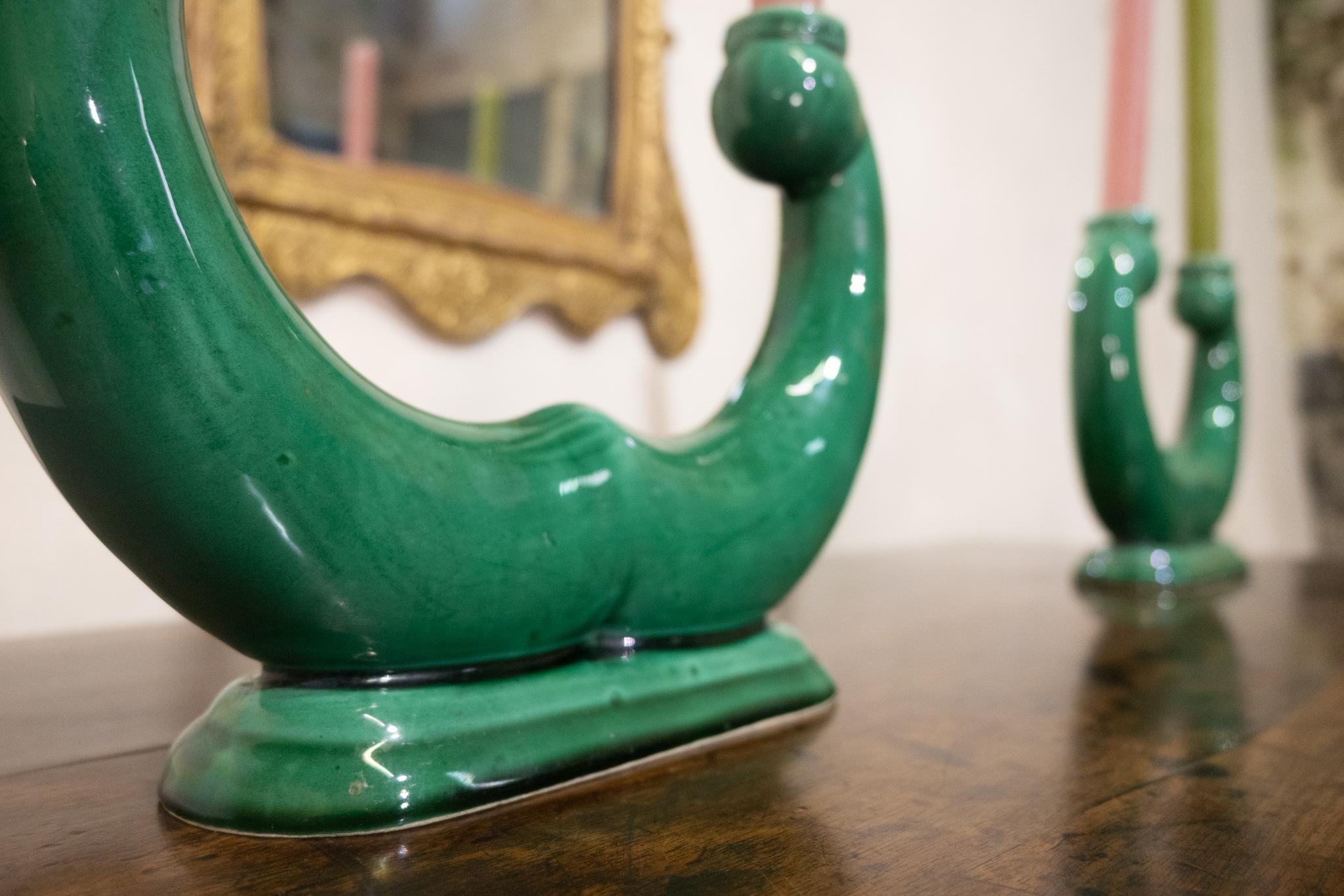 20th Century Pair Of French ceramic Green Candlesticks - Vallauris For Sale