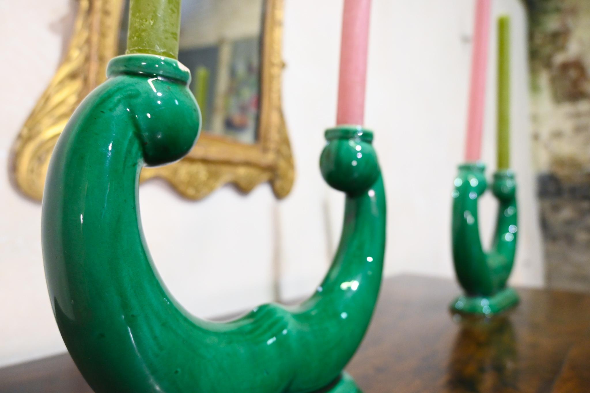 Ceramic Pair Of French ceramic Green Candlesticks - Vallauris For Sale