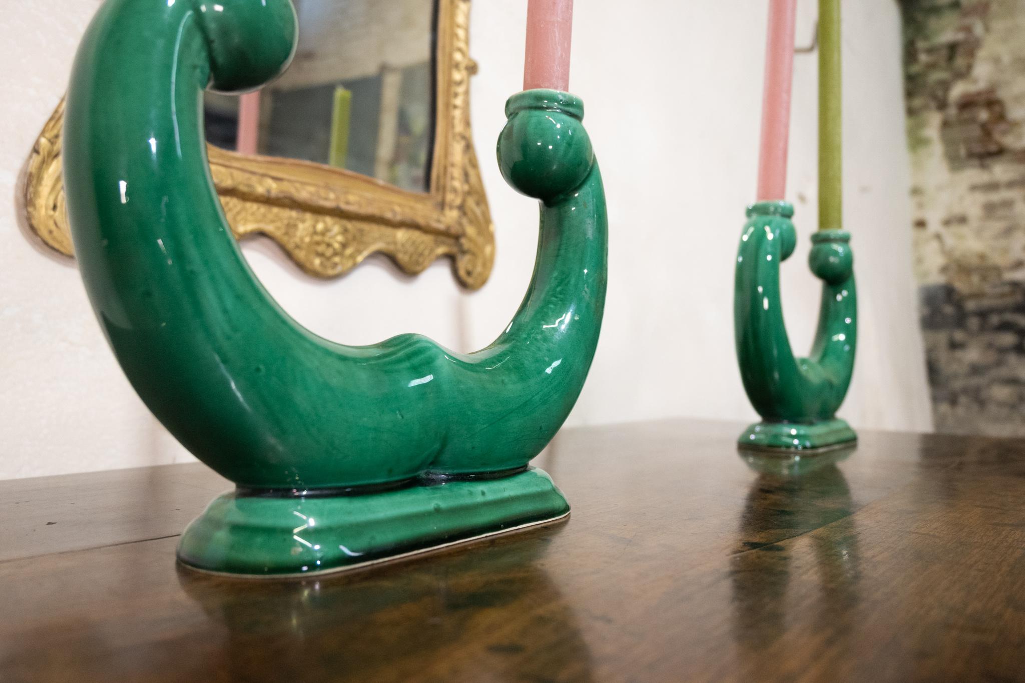 Pair Of French ceramic Green Candlesticks - Vallauris For Sale 1