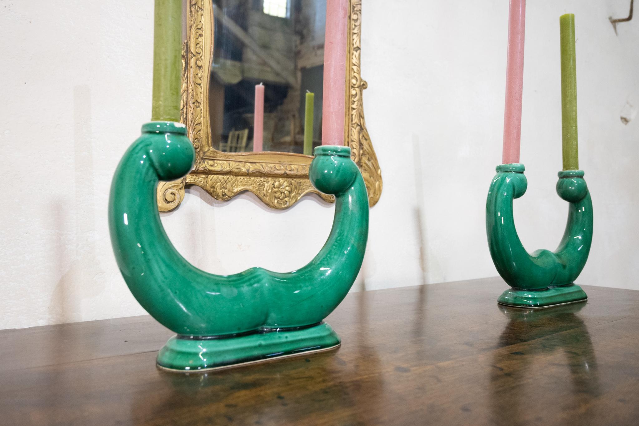 Pair Of French ceramic Green Candlesticks - Vallauris For Sale 2