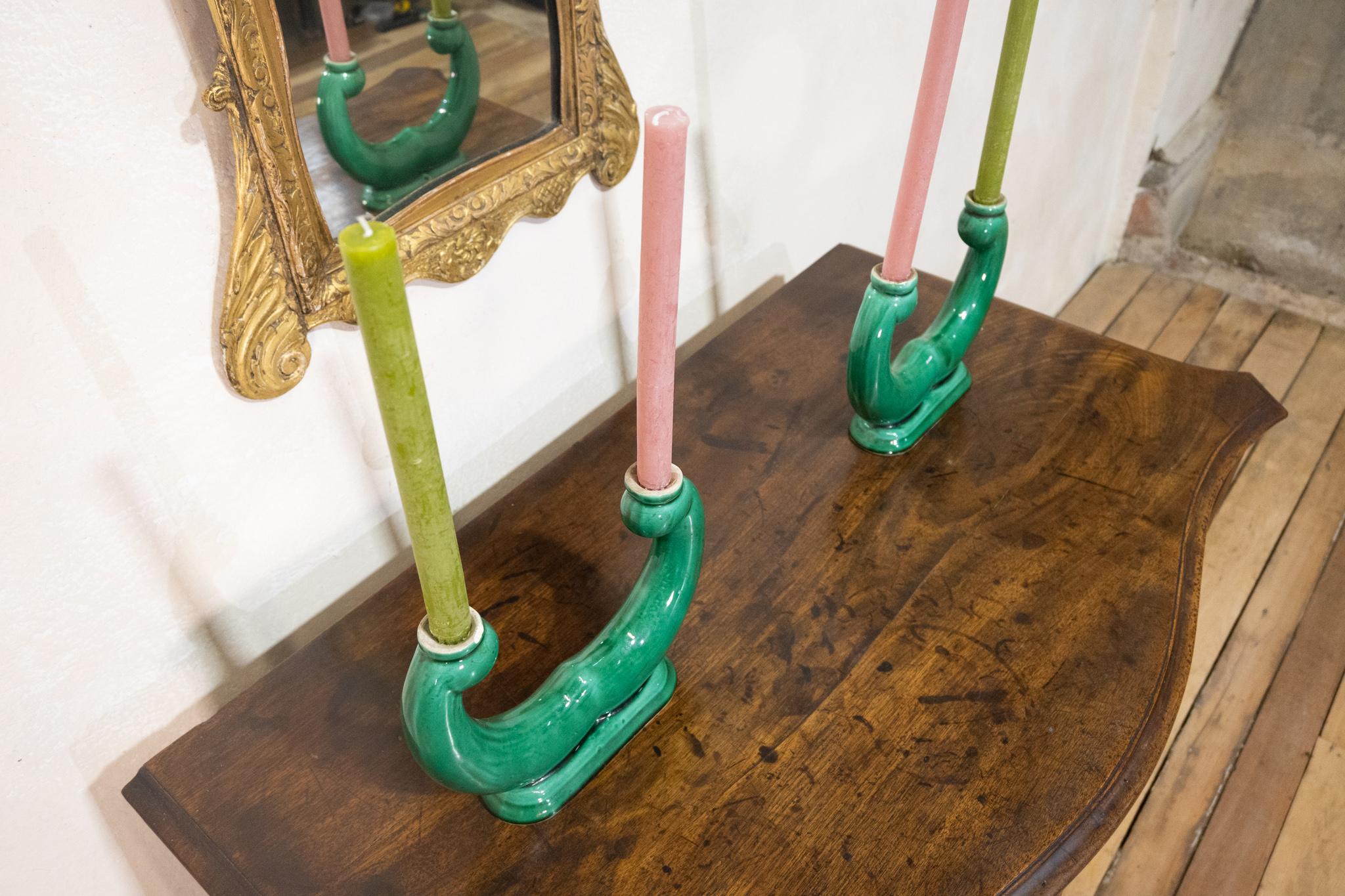 Pair Of French ceramic Green Candlesticks - Vallauris For Sale 3