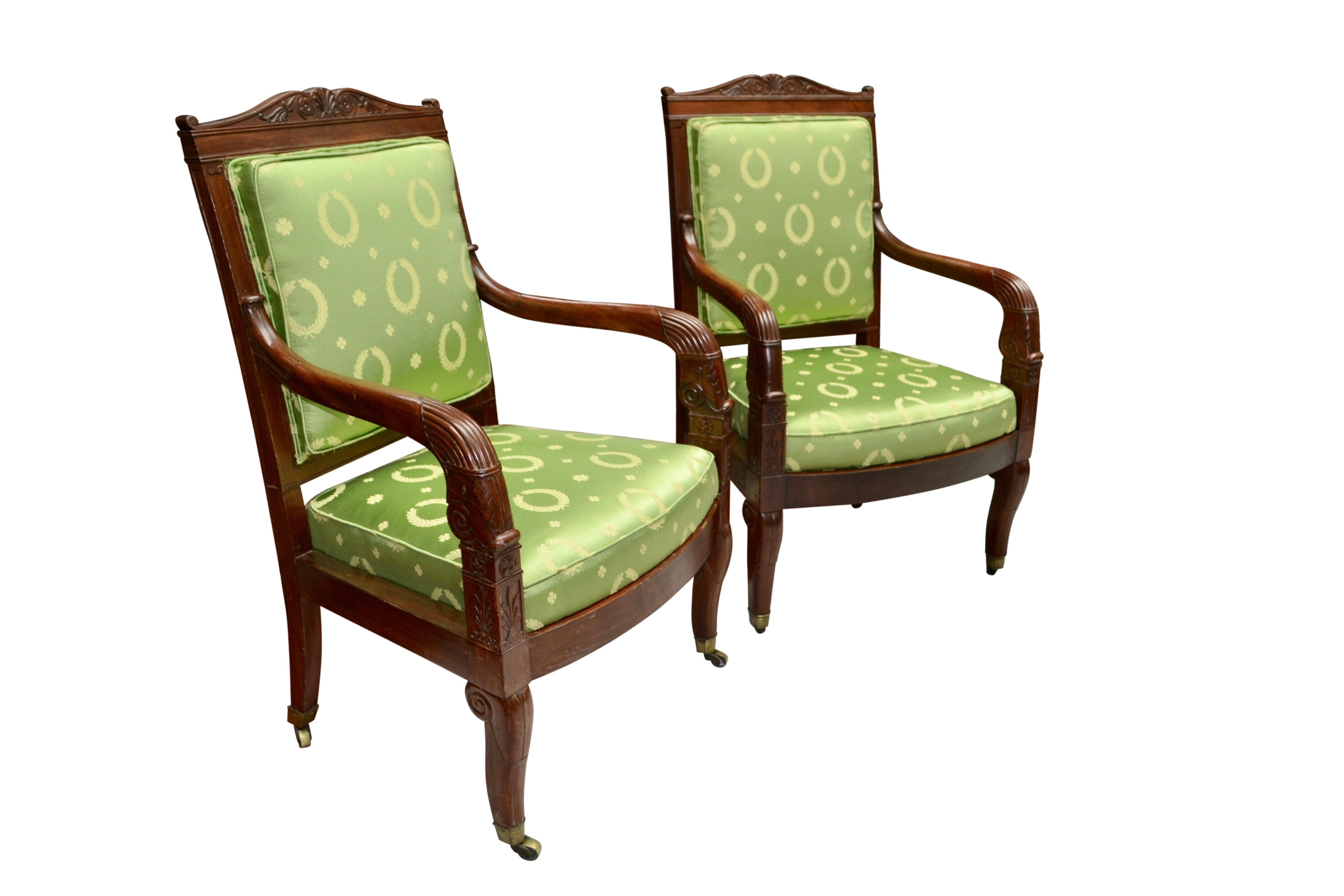 19th Century  a Pair of Newly Upholstered French Empire Armchairs One Stamped  J. Louis For Sale