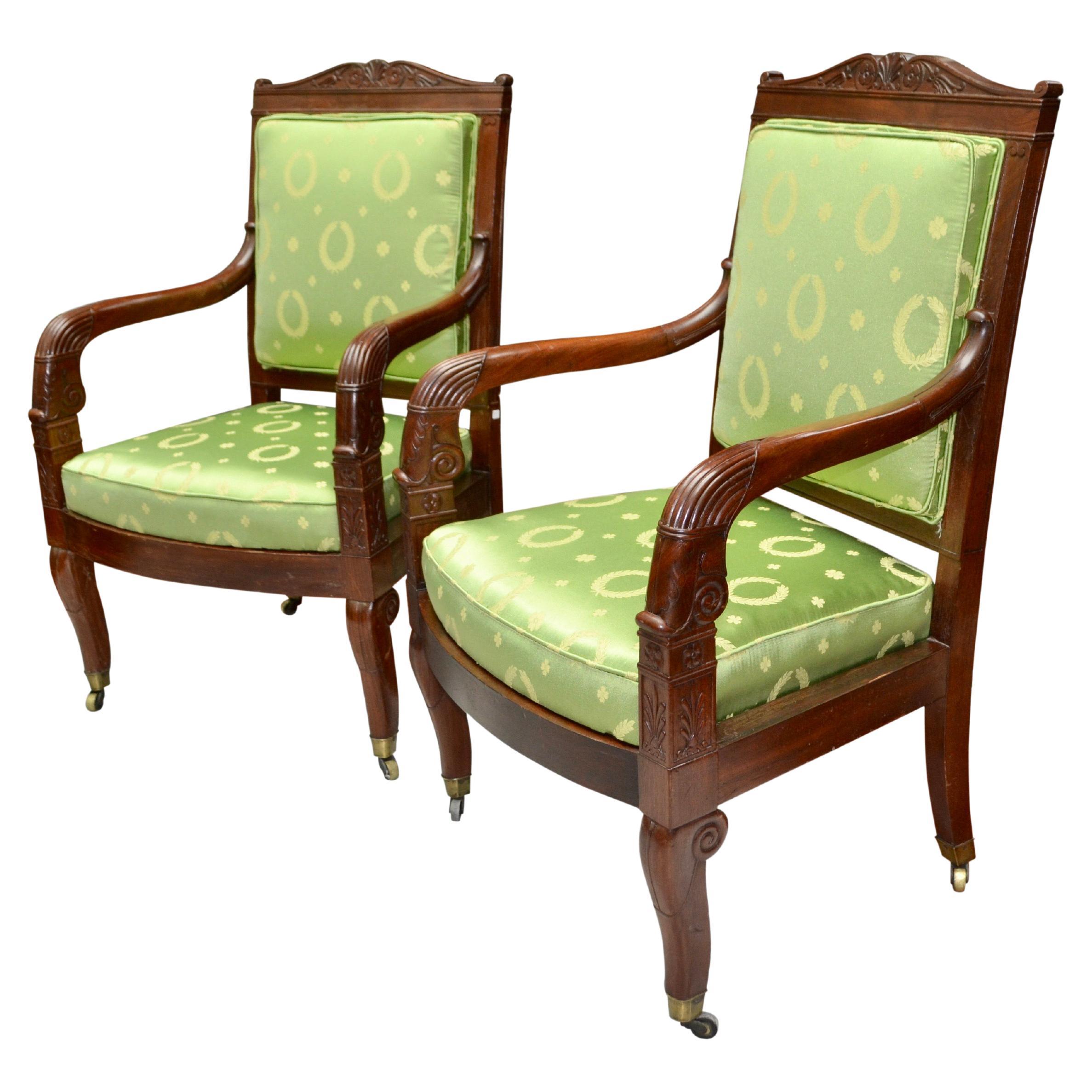  a Pair of Newly Upholstered French Empire Armchairs One Stamped  J. Louis