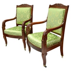 Antique  a Pair of Newly Upholstered French Empire Armchairs One Stamped  J. Louis