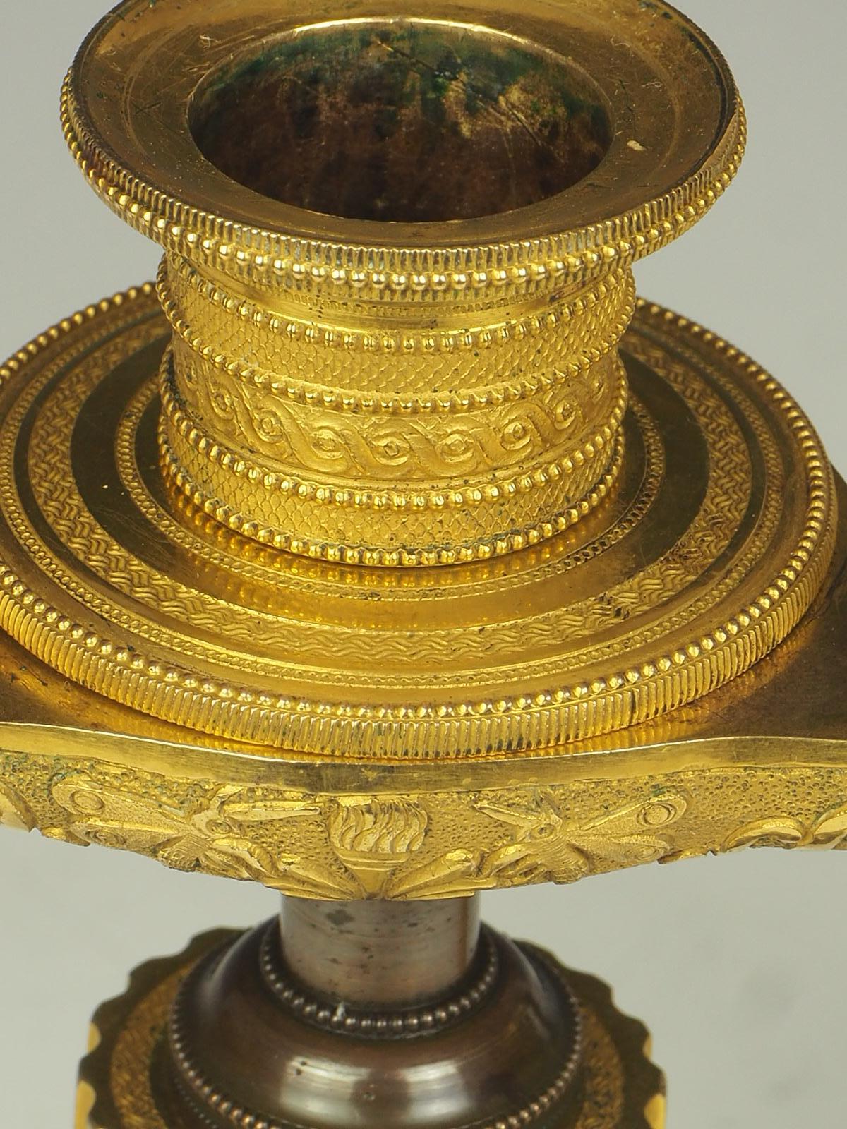 Pair of French Empire Bronze and Ormolu Candleholders, circa 1820 4