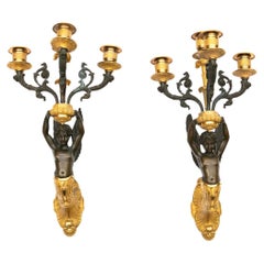Paire de lampes murales Empire en bronze patiné et doré