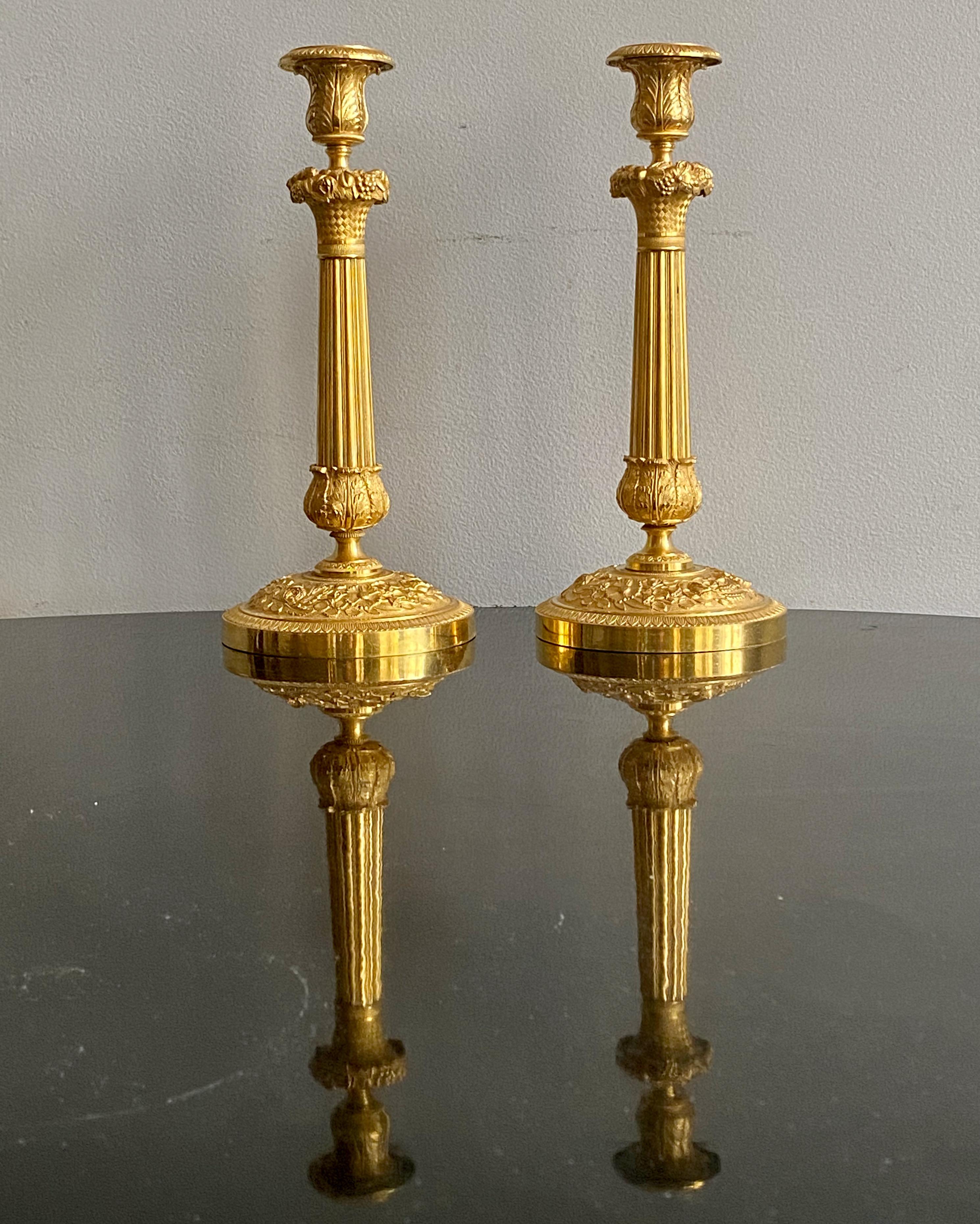 Early 19th Century Pair of French Empire Gilt Bronze Candle Sticks