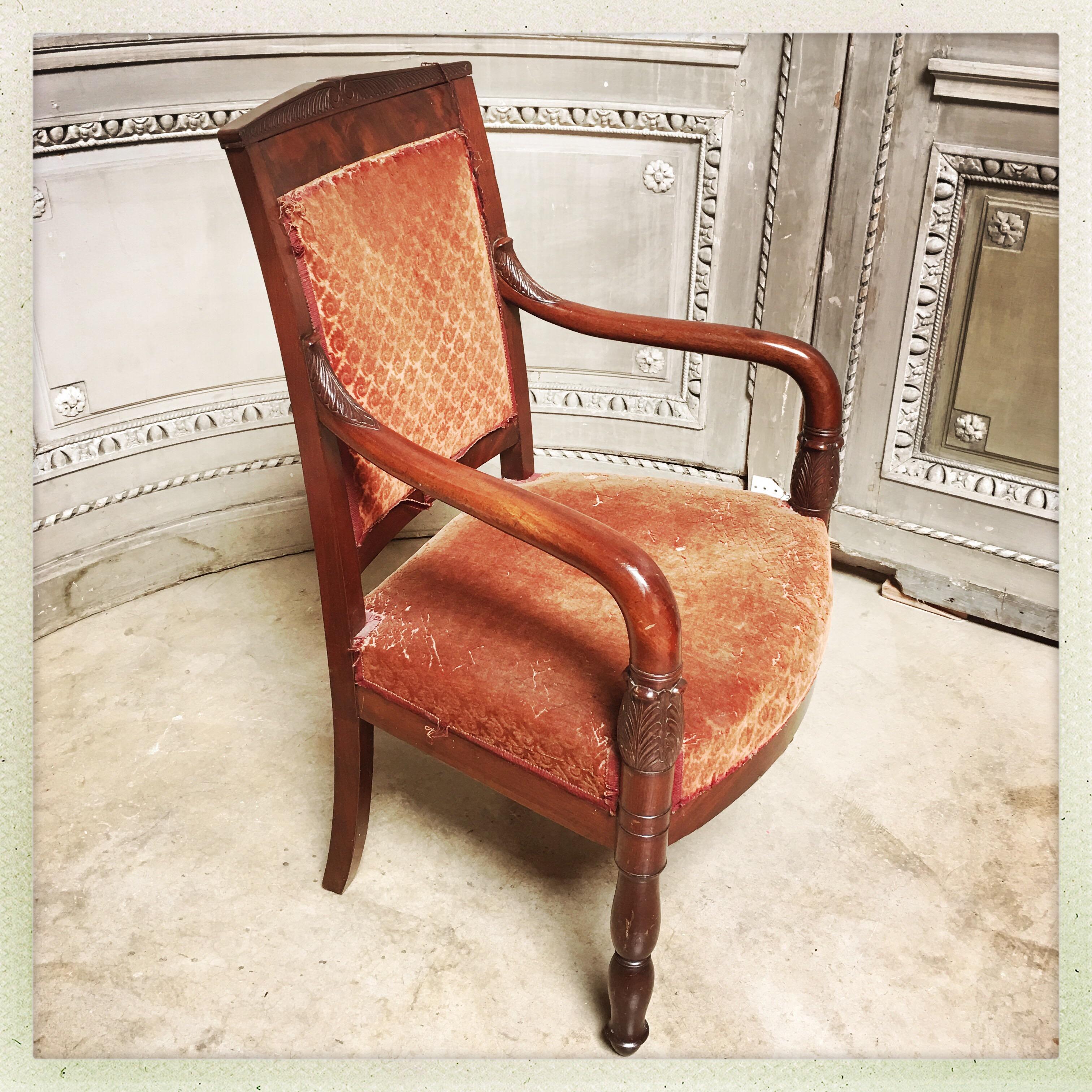Upholstery Pair of French Empire Mahogany Armchairs For Sale