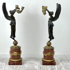A Pair Of French Empire Patinated Bronze And Marble Candelabra