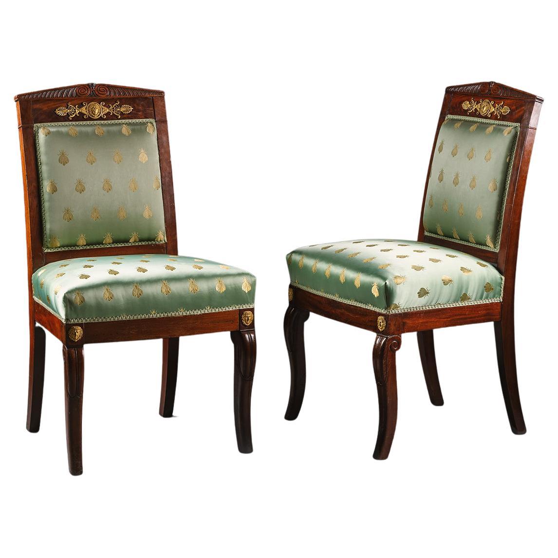 Pair of French Empire Period Gilt-Bronze Mounted Side Chairs For Sale