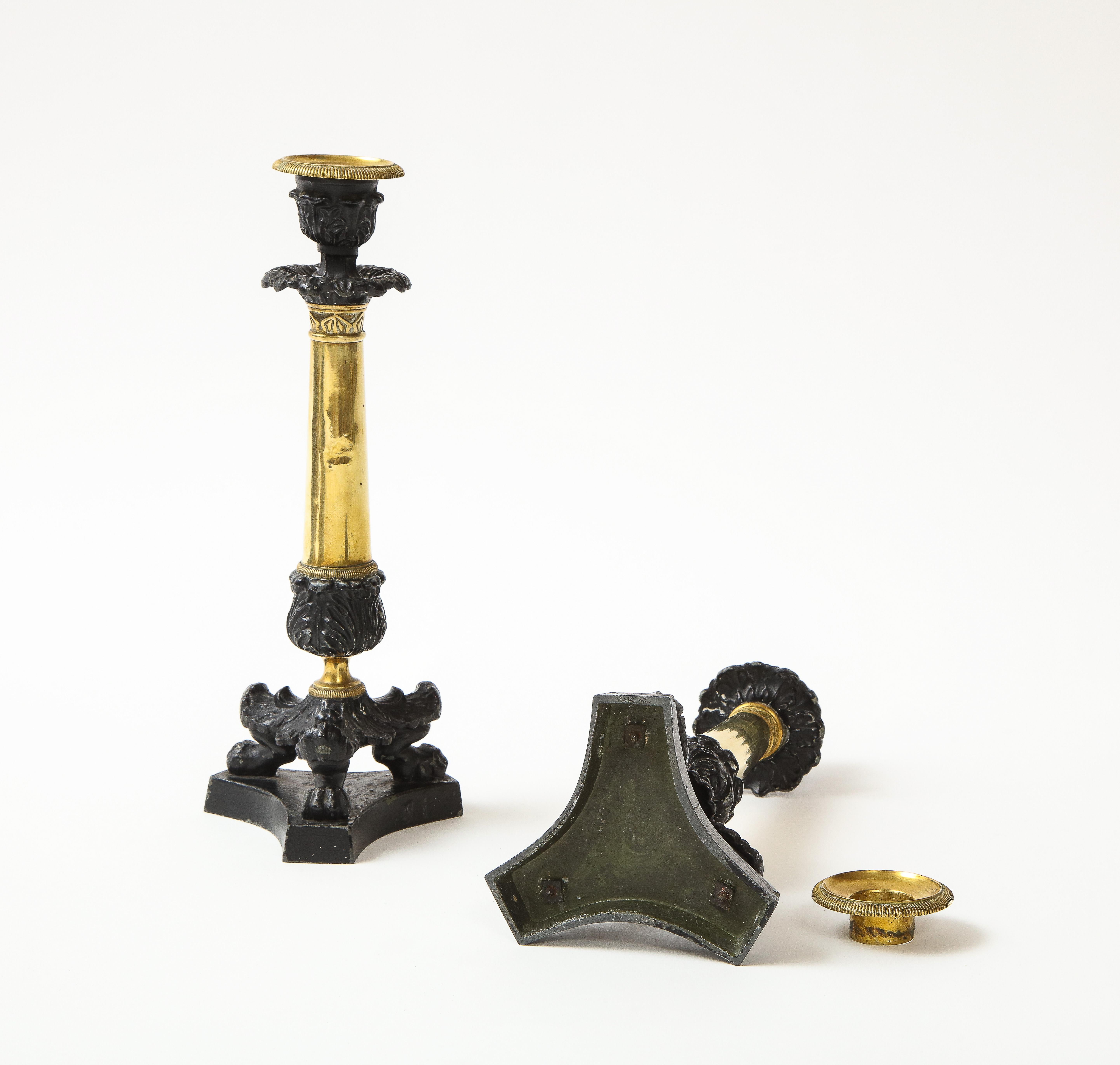 Pair of French Empire Polished Brass and Black-Enameled Cast Iron Candlesticks For Sale 4