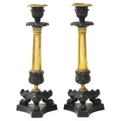 Pair of French Empire Polished Brass and Black-Enameled Cast Iron Candlesticks