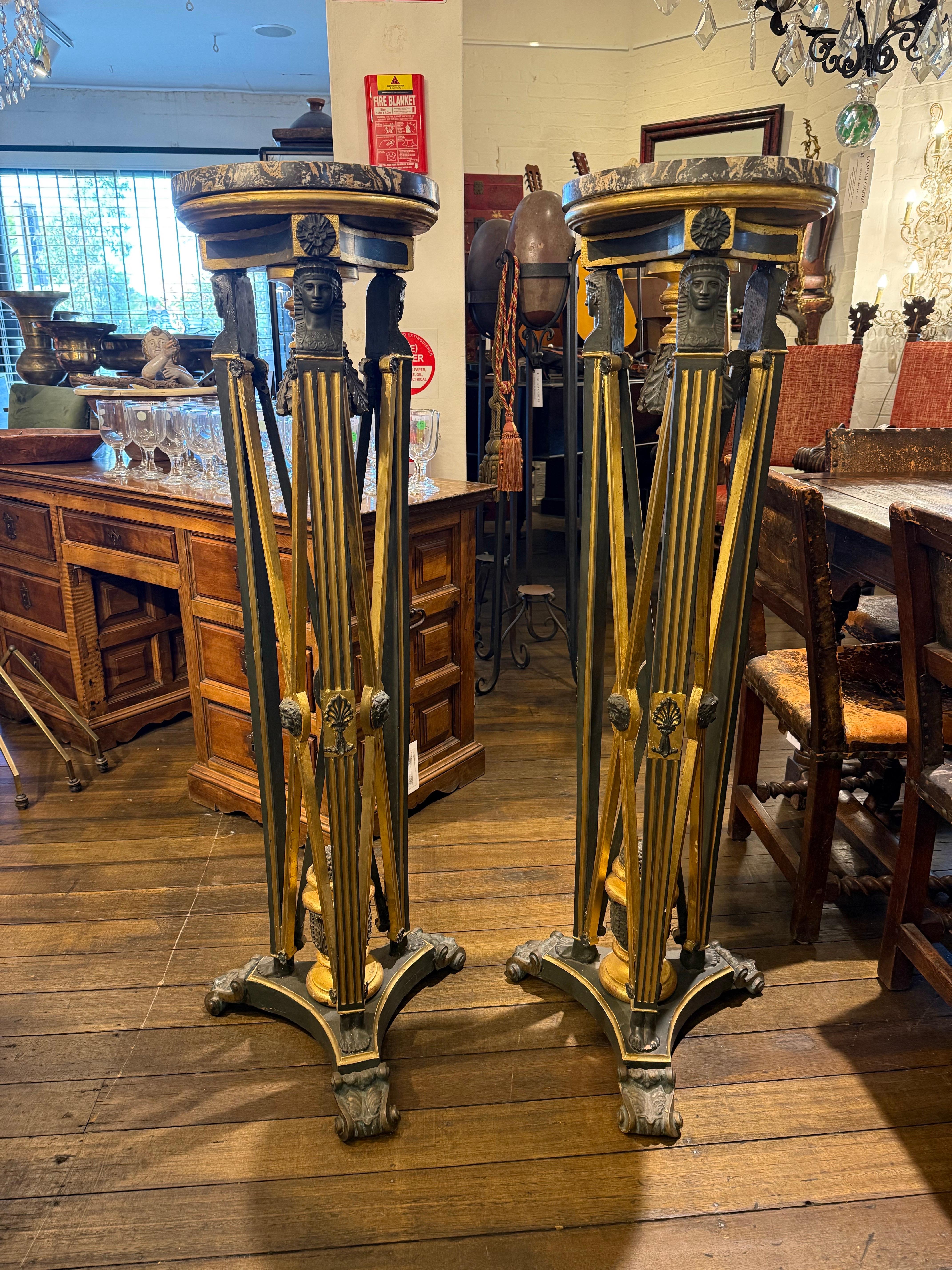 A Pair of French Empire Polychrome Gilt-Wood Torchères, 19th Century For Sale 1