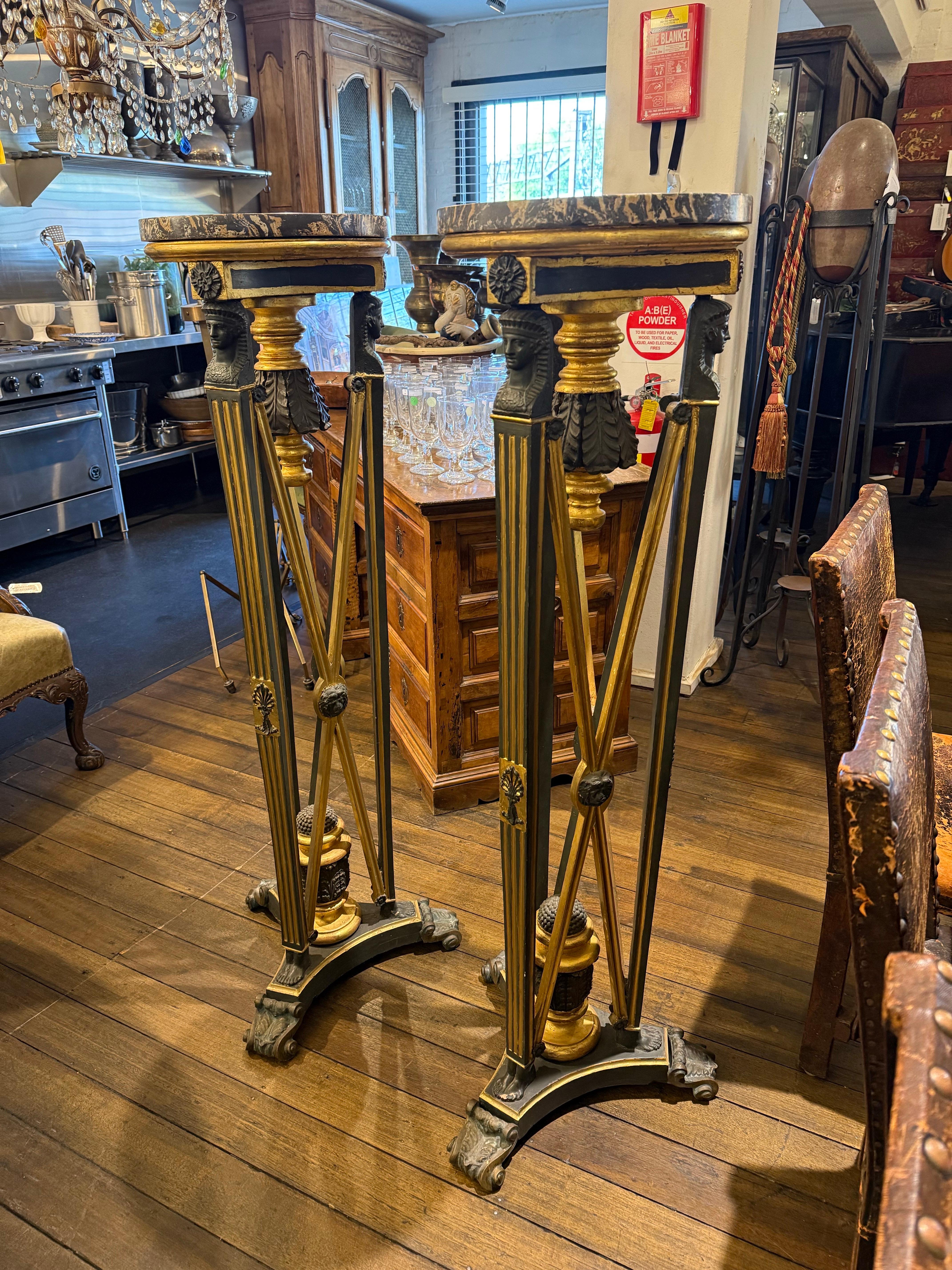 A Pair of French Empire Polychrome Gilt-Wood Torchères, 19th Century For Sale 2