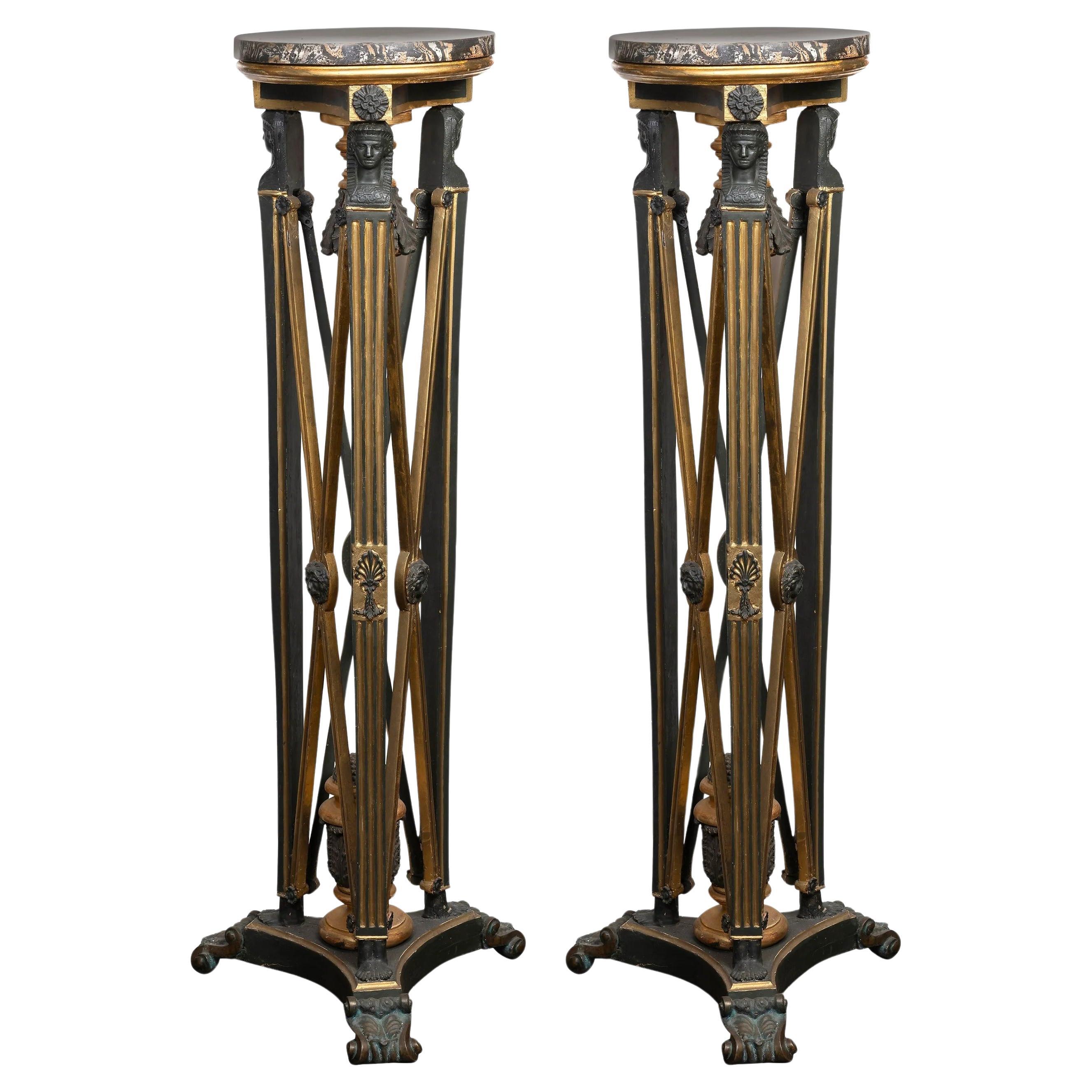 A Pair of French Empire Polychrome Gilt-Wood Torchères, 19th Century