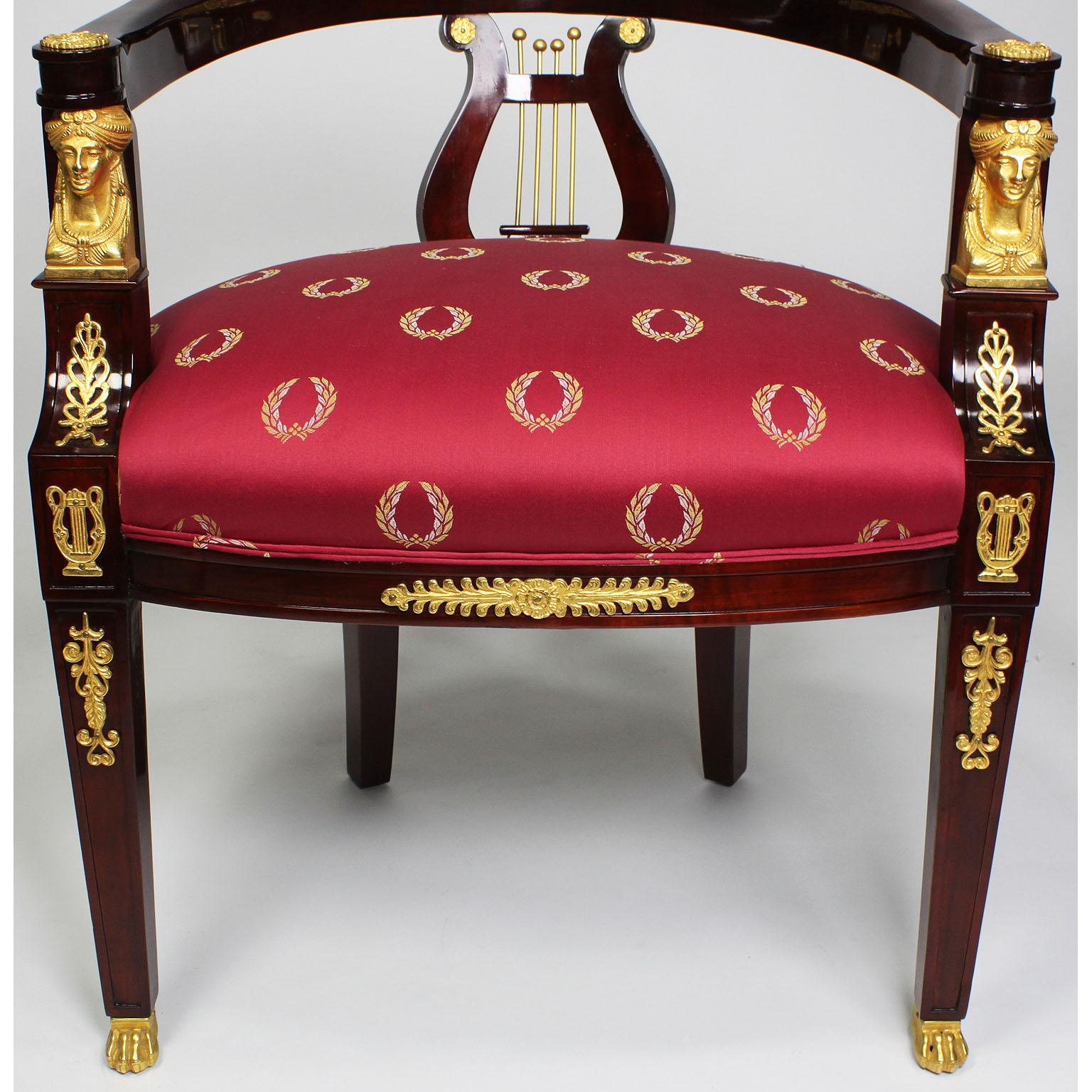 A Pair of French Empire Revival Style Mahogany & Gilt-Bronze Mounted Game Chairs For Sale 1