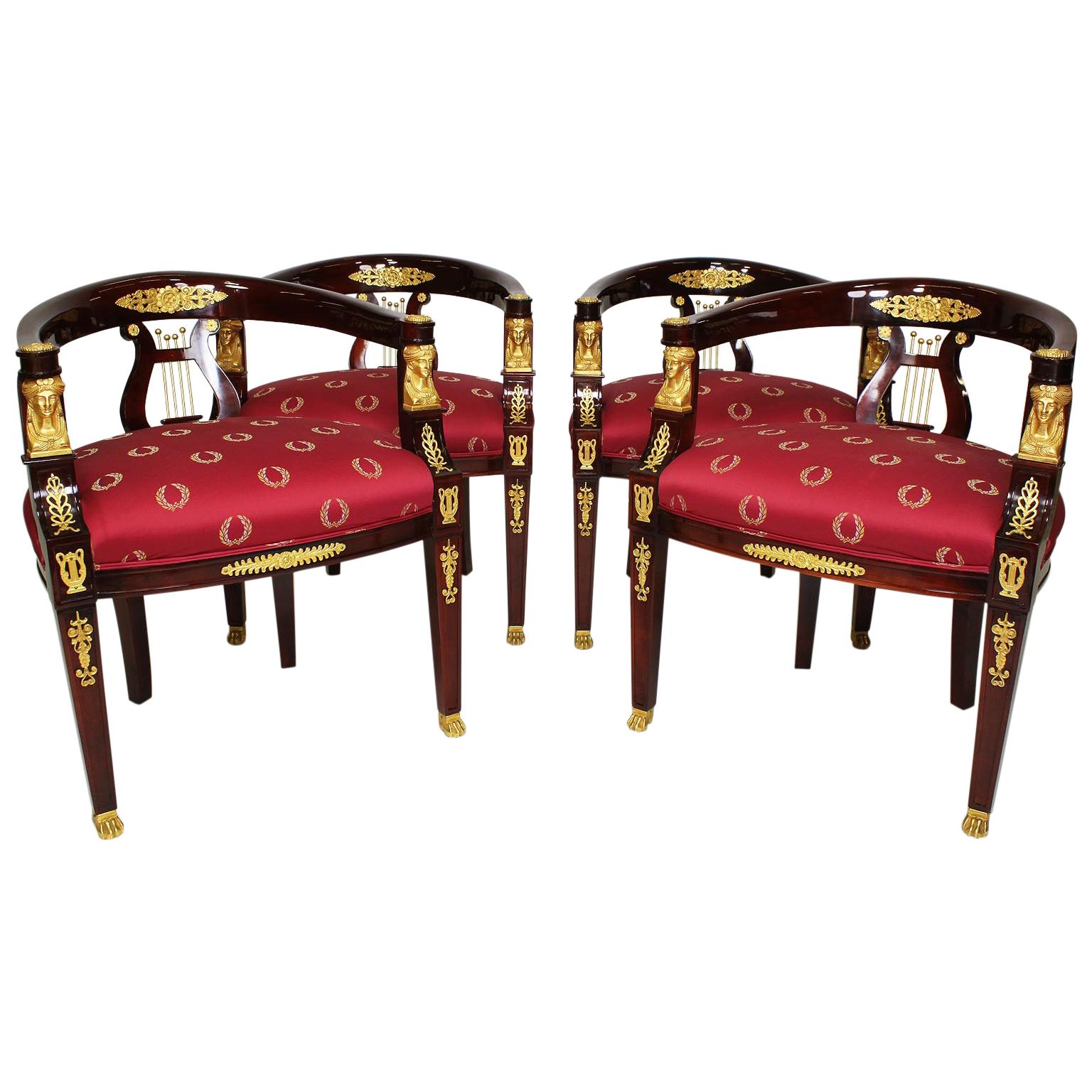 Paire de chaises de jeu de style néo-empire français en acajou et bronze doré montées