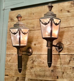 A Pair of French Empire Style Brass Carriage Lights, Wall Lights
