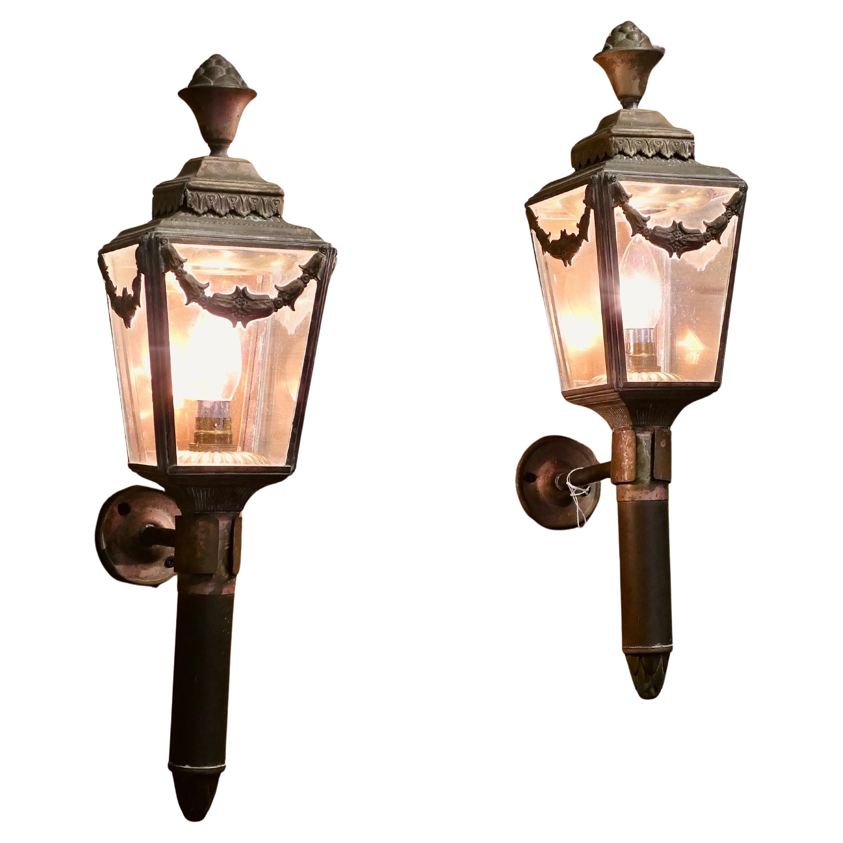 A Pair of French Empire Style Brass Carriage Lights, Wall Lights