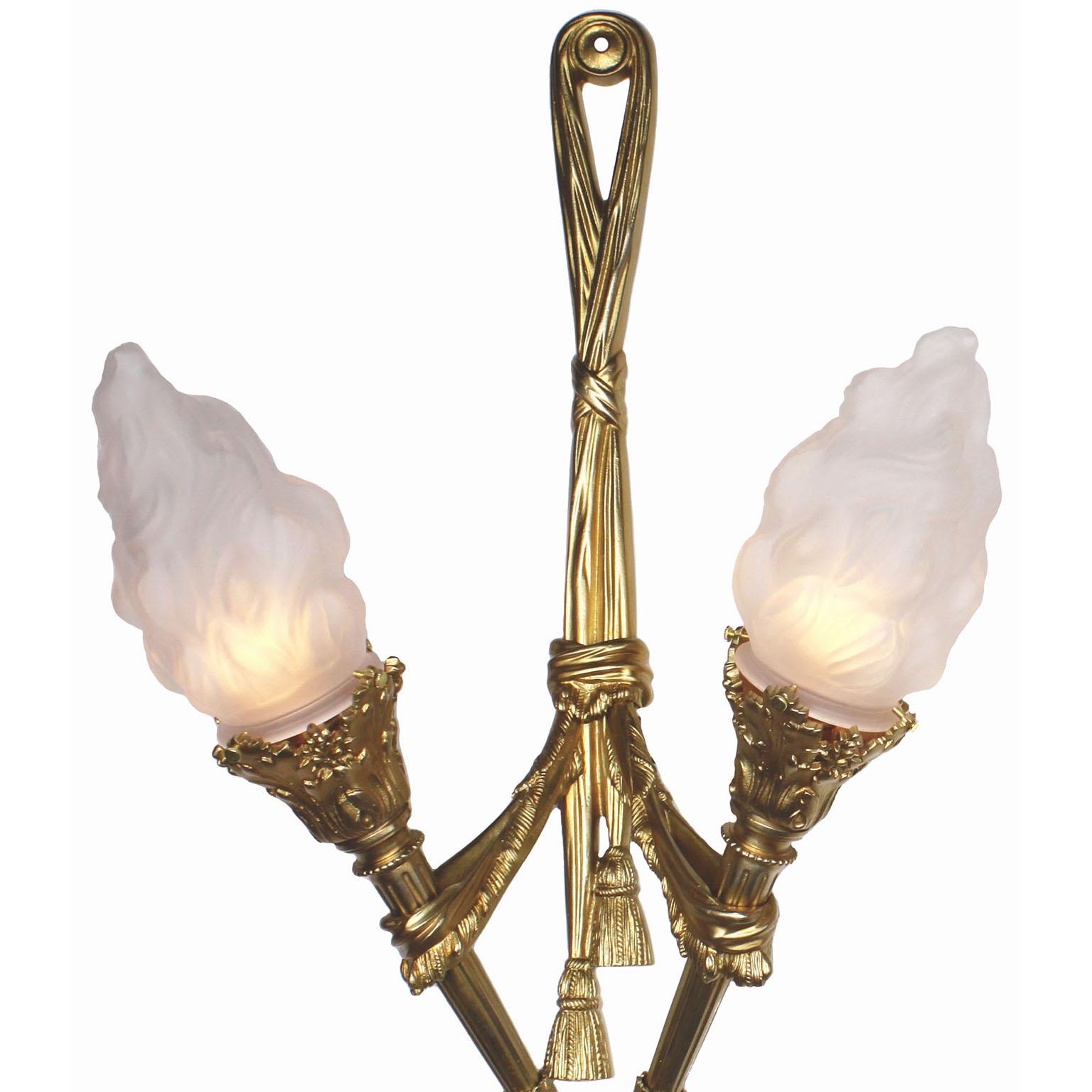 Frosted Pair of French Empire Style Gilt-Bronze Two-Light Wall Torchère Sconces For Sale