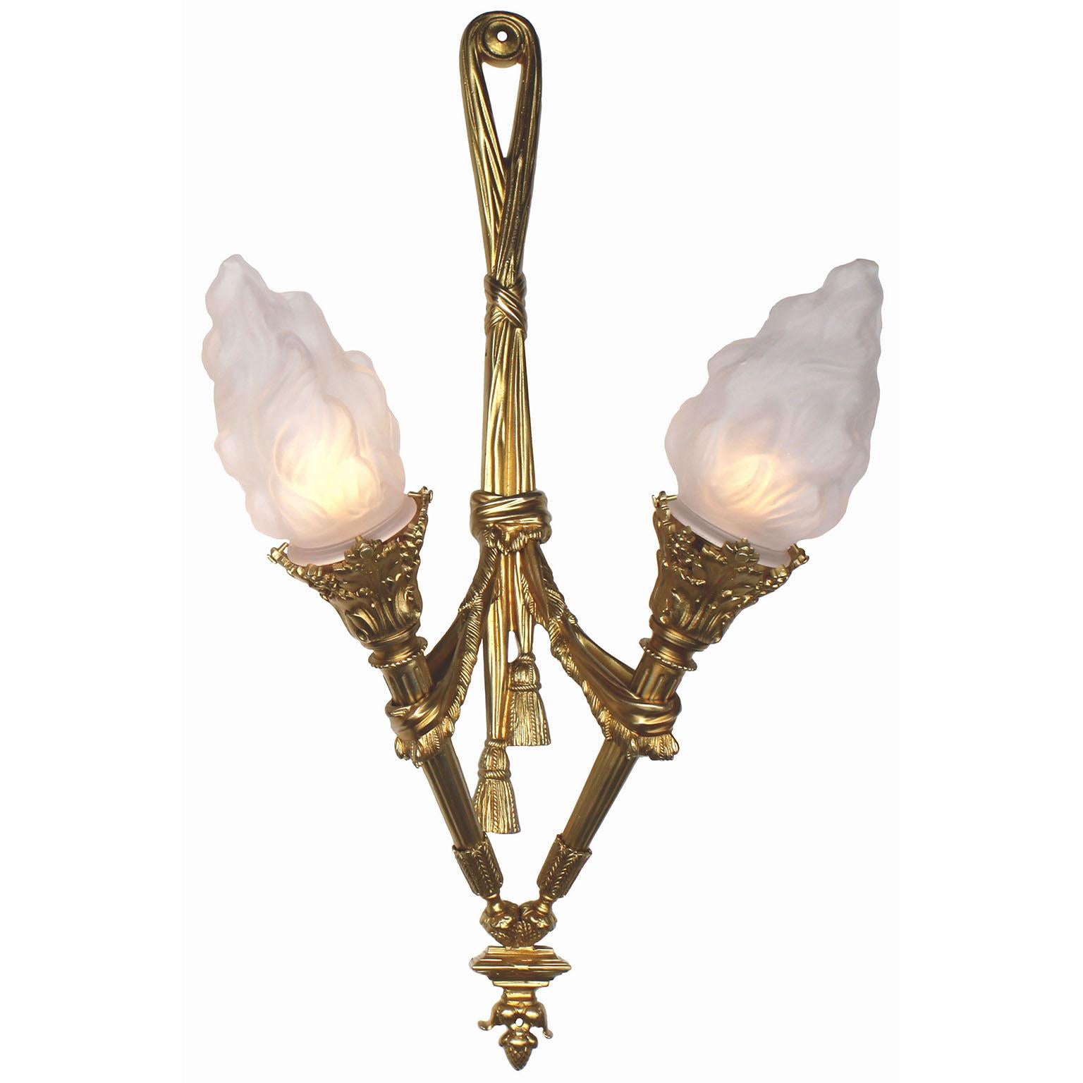 20th Century Pair of French Empire Style Gilt-Bronze Two-Light Wall Torchère Sconces For Sale