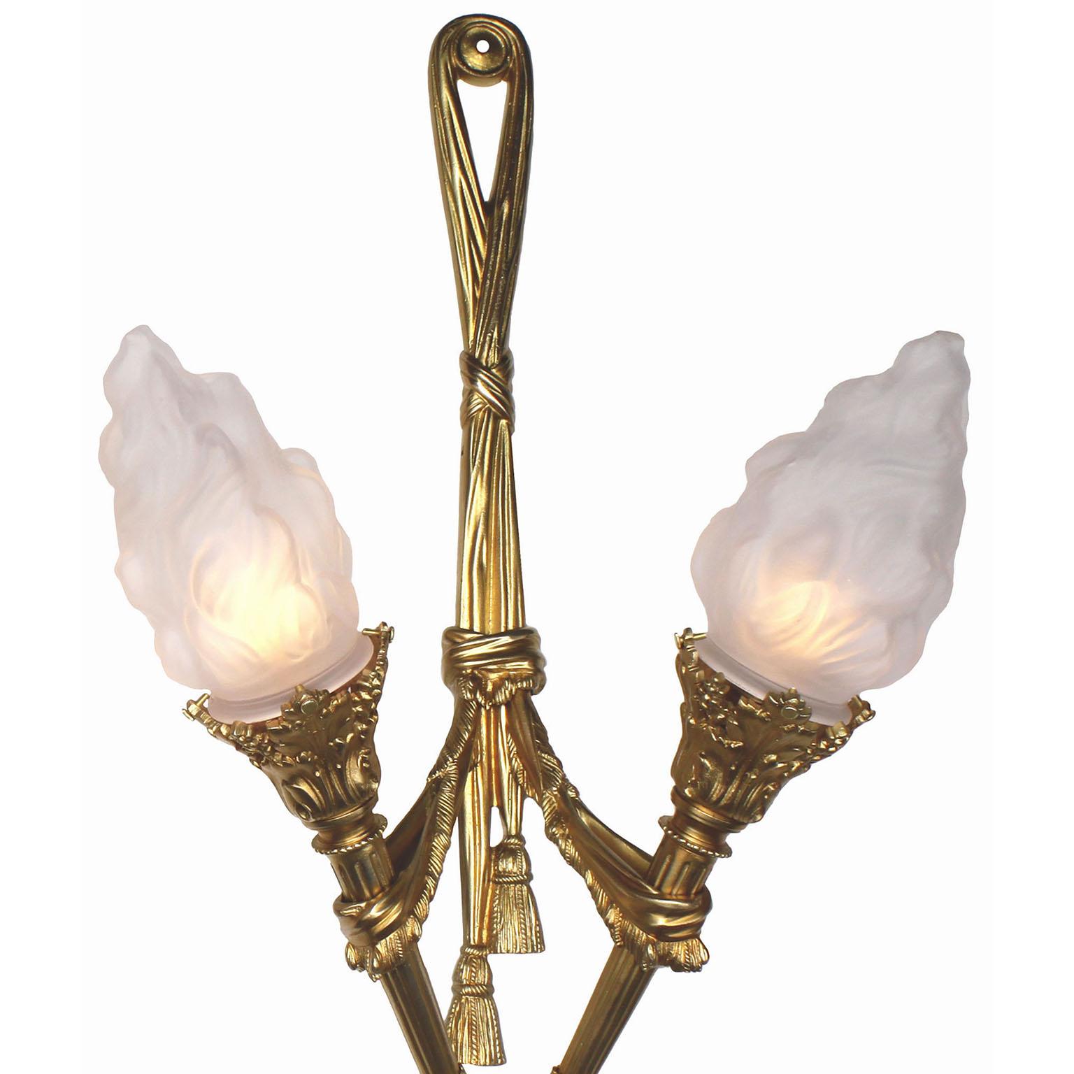 Pair of French Empire Style Gilt-Bronze Two-Light Wall Torchère Sconces For Sale 1