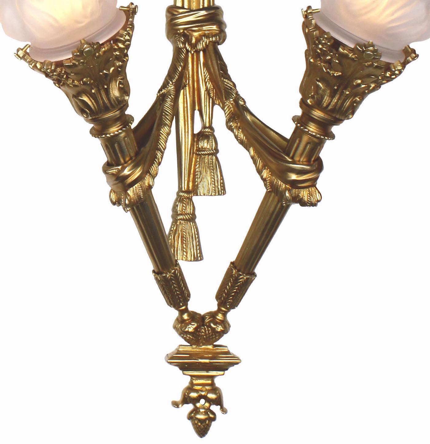 Pair of French Empire Style Gilt-Bronze Two-Light Wall Torchère Sconces For Sale 2
