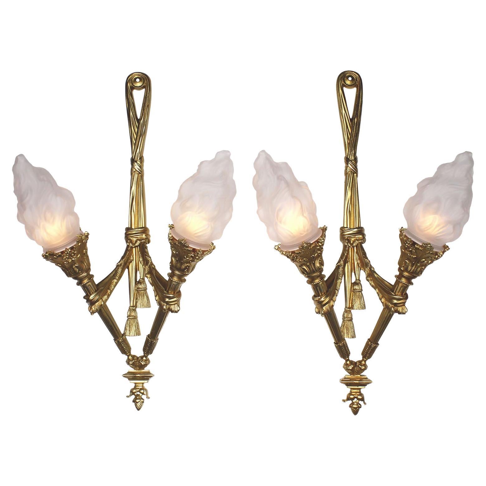 Pair of French Empire Style Gilt-Bronze Two-Light Wall Torchère Sconces