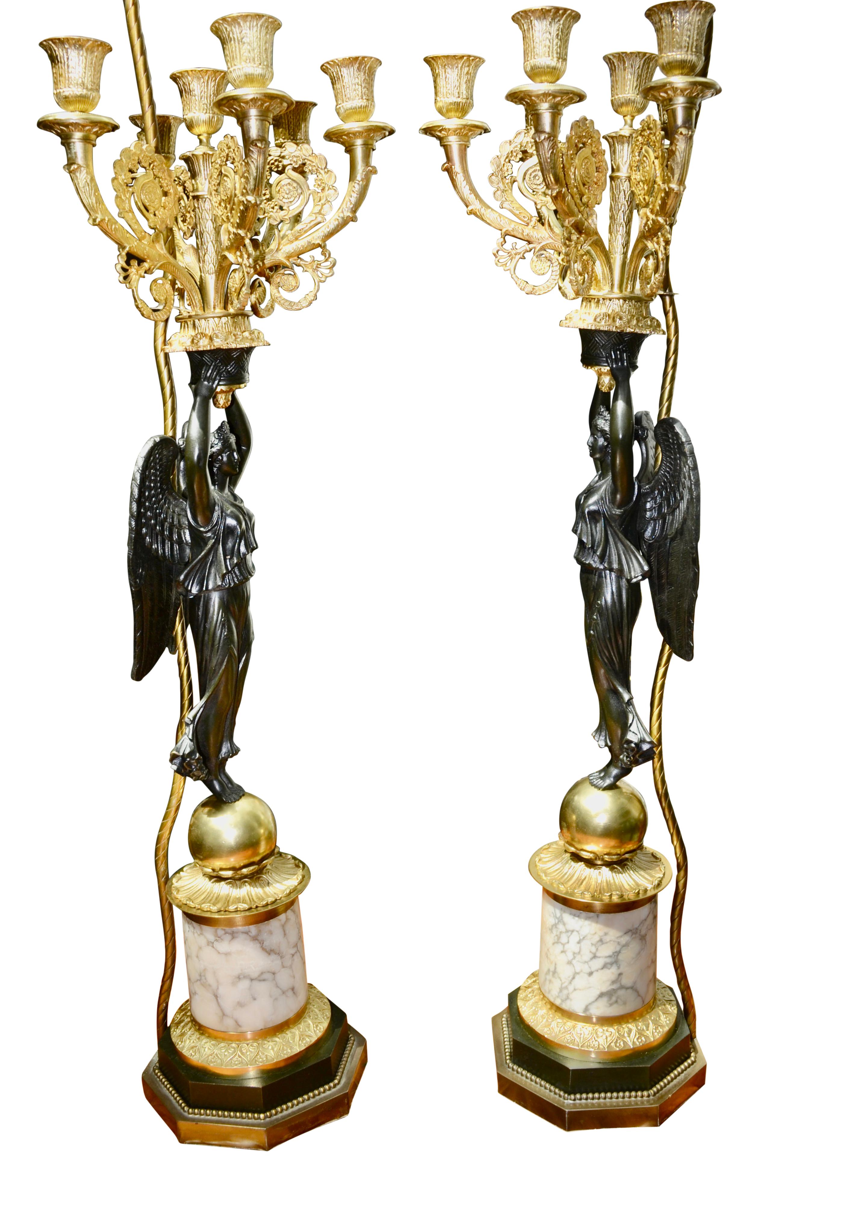 A Pair of French Empire Style Patinated and Gilt Bronze Winged Victory Lamps For Sale 5