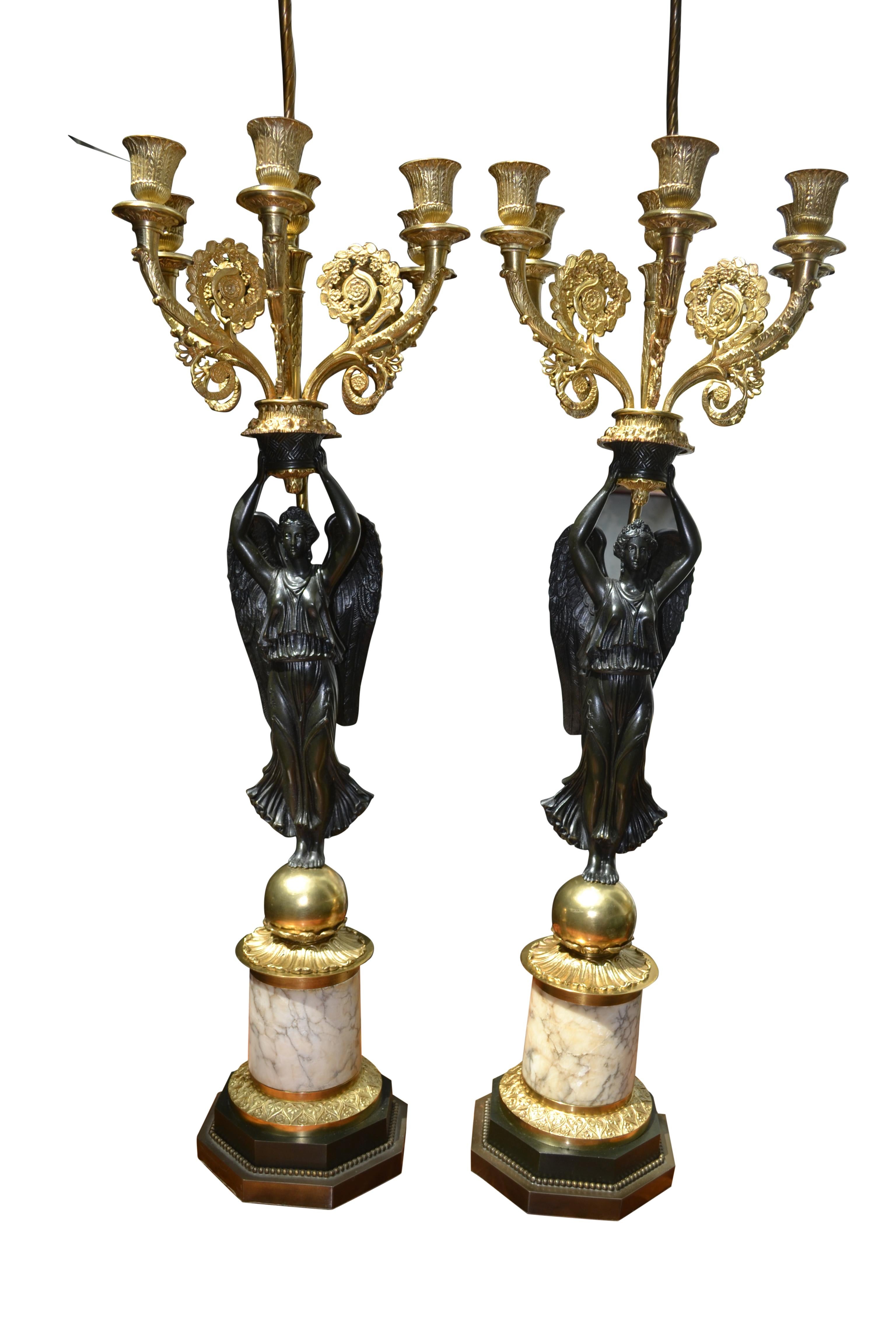 A Pair of French Empire Style Patinated and Gilt Bronze Winged Victory Lamps For Sale 6