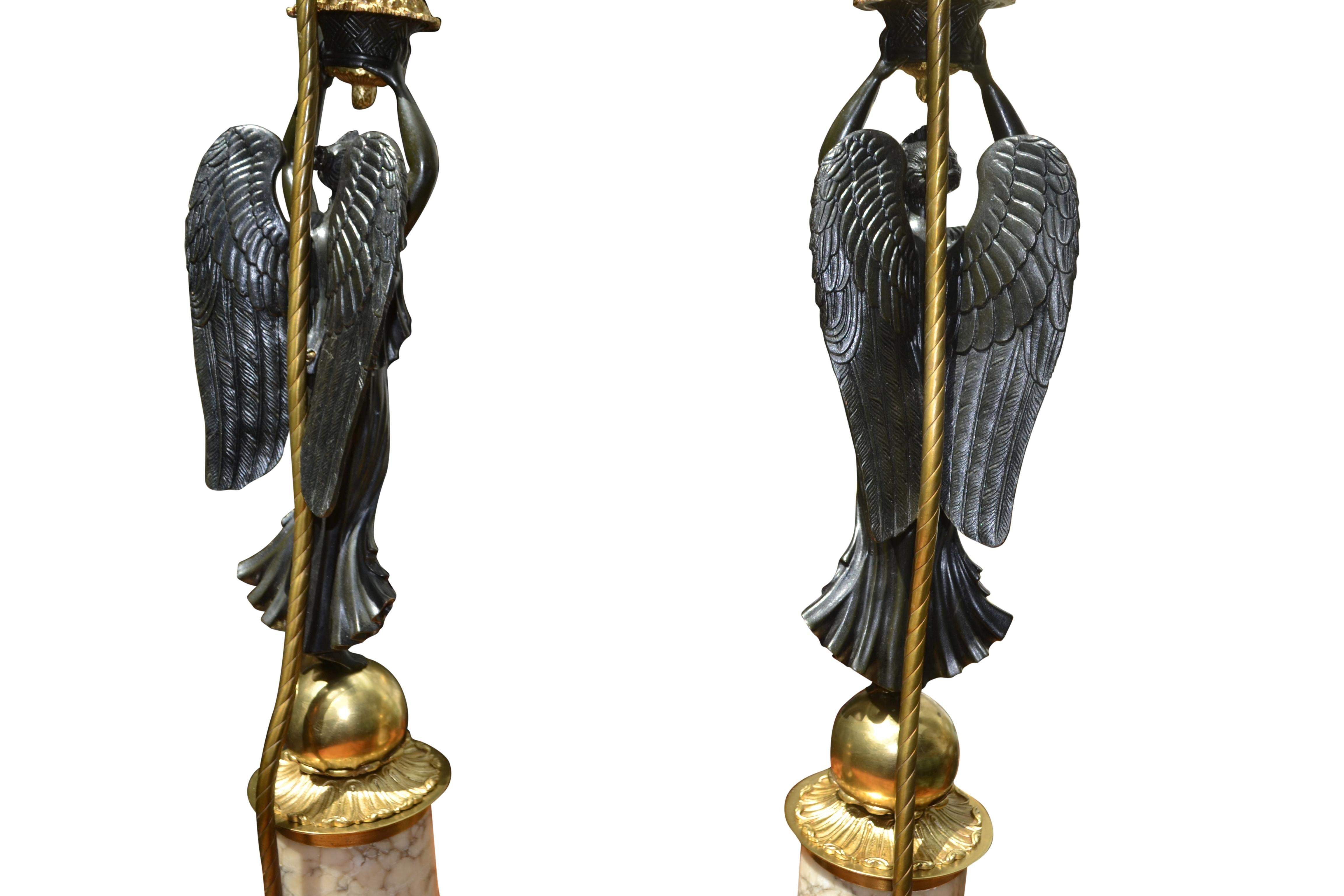 A Pair of French Empire Style Patinated and Gilt Bronze Winged Victory Lamps For Sale 13