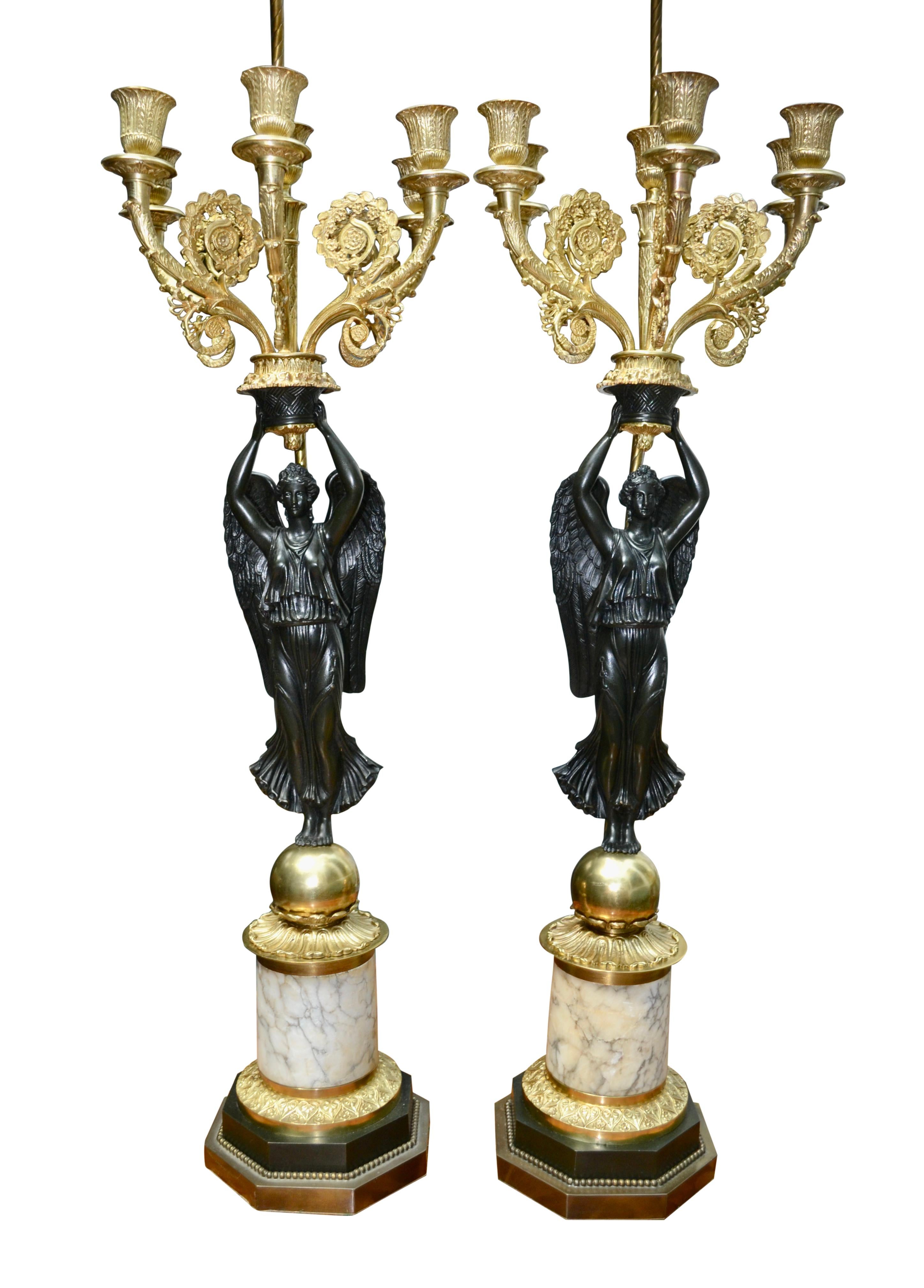 A Pair of French Empire Style Patinated and Gilt Bronze Winged Victory Lamps For Sale 2