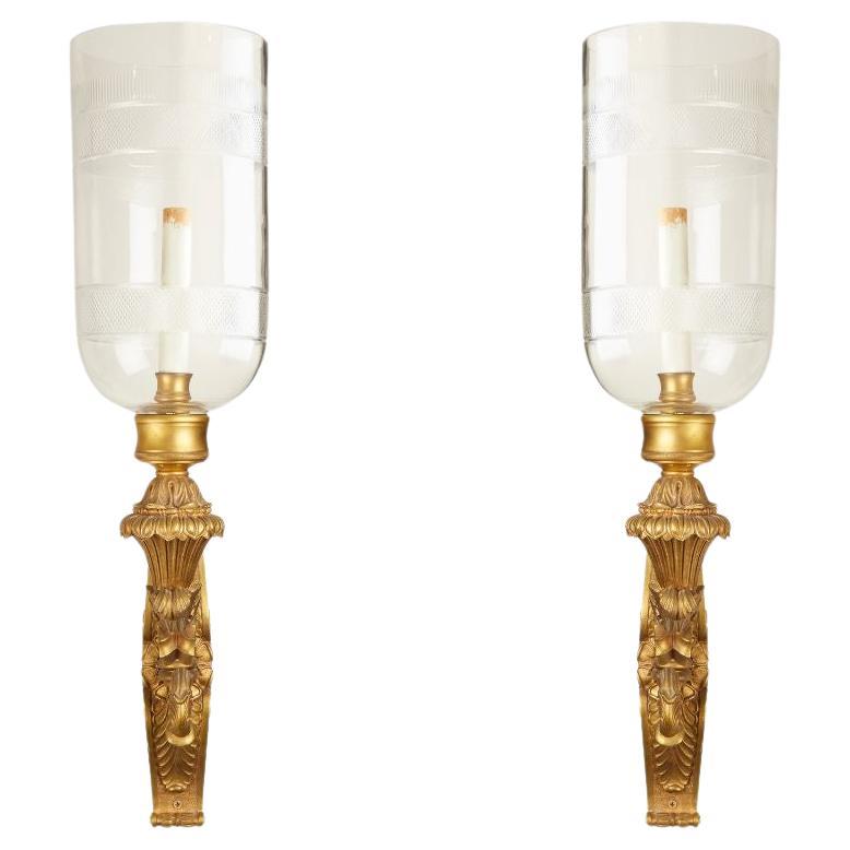 A Pair of French Empire-Style Sconces With Etched Hurricane Shades