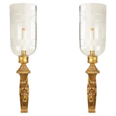 A Pair of French Empire-Style Sconces With Etched Hurricane Shades