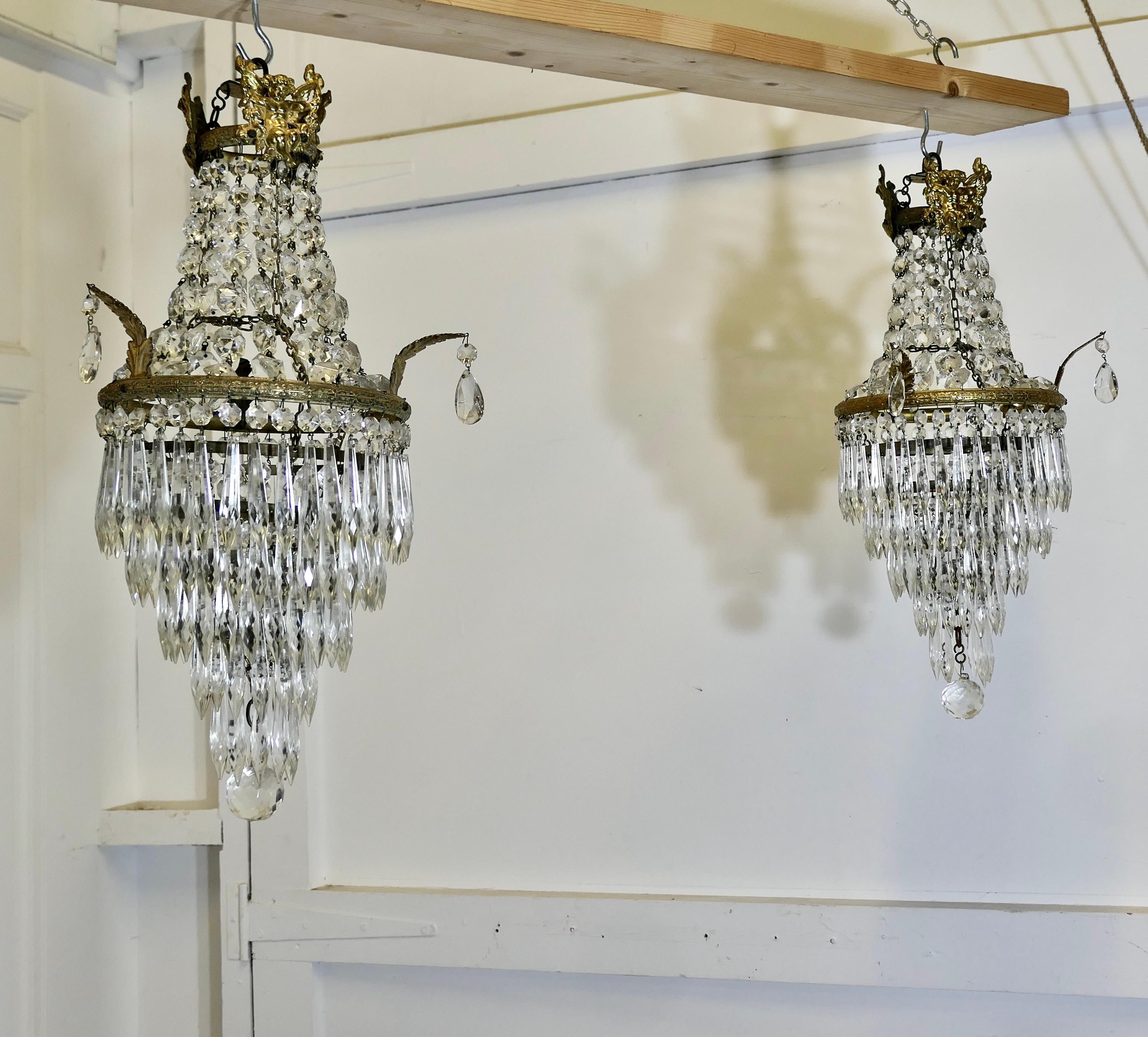 Early 20th Century A Pair of French Empire Style Tent and Waterfall Chandeliers For Sale