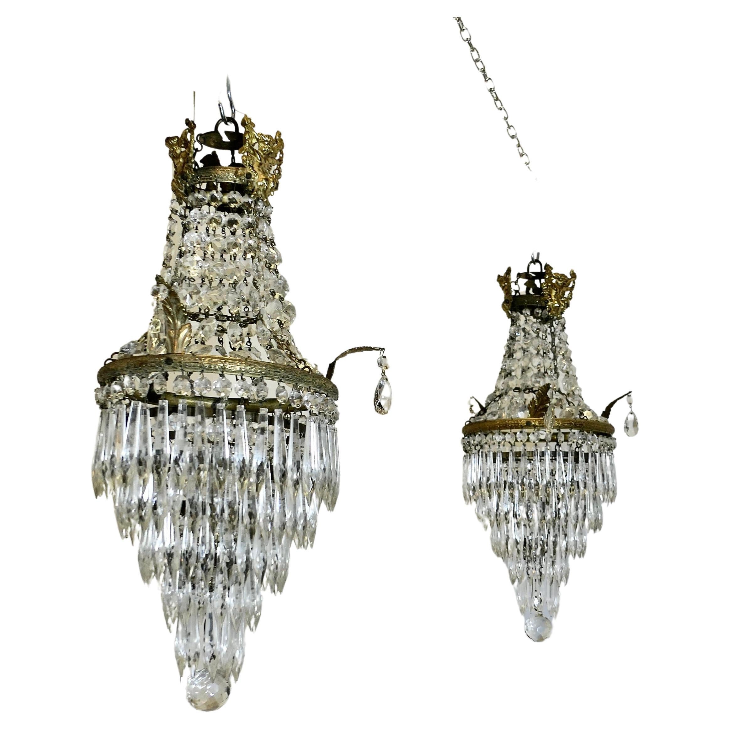 A Pair of French Empire Style Tent and Waterfall Chandeliers For Sale