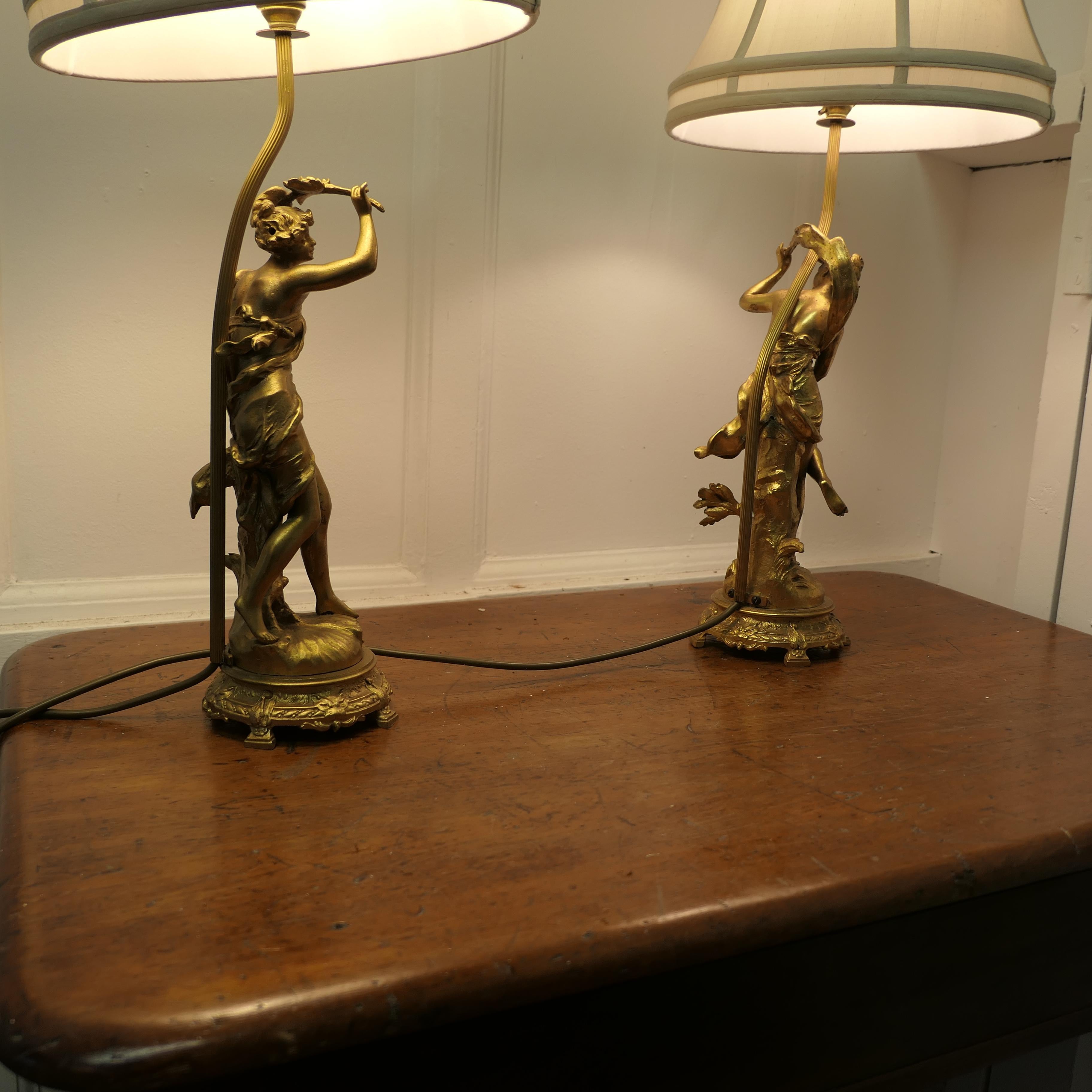 A Pair of French Figural Brass Lamps, after Ernest Justin Ferrand  A Pair of Fre In Good Condition In Chillerton, Isle of Wight