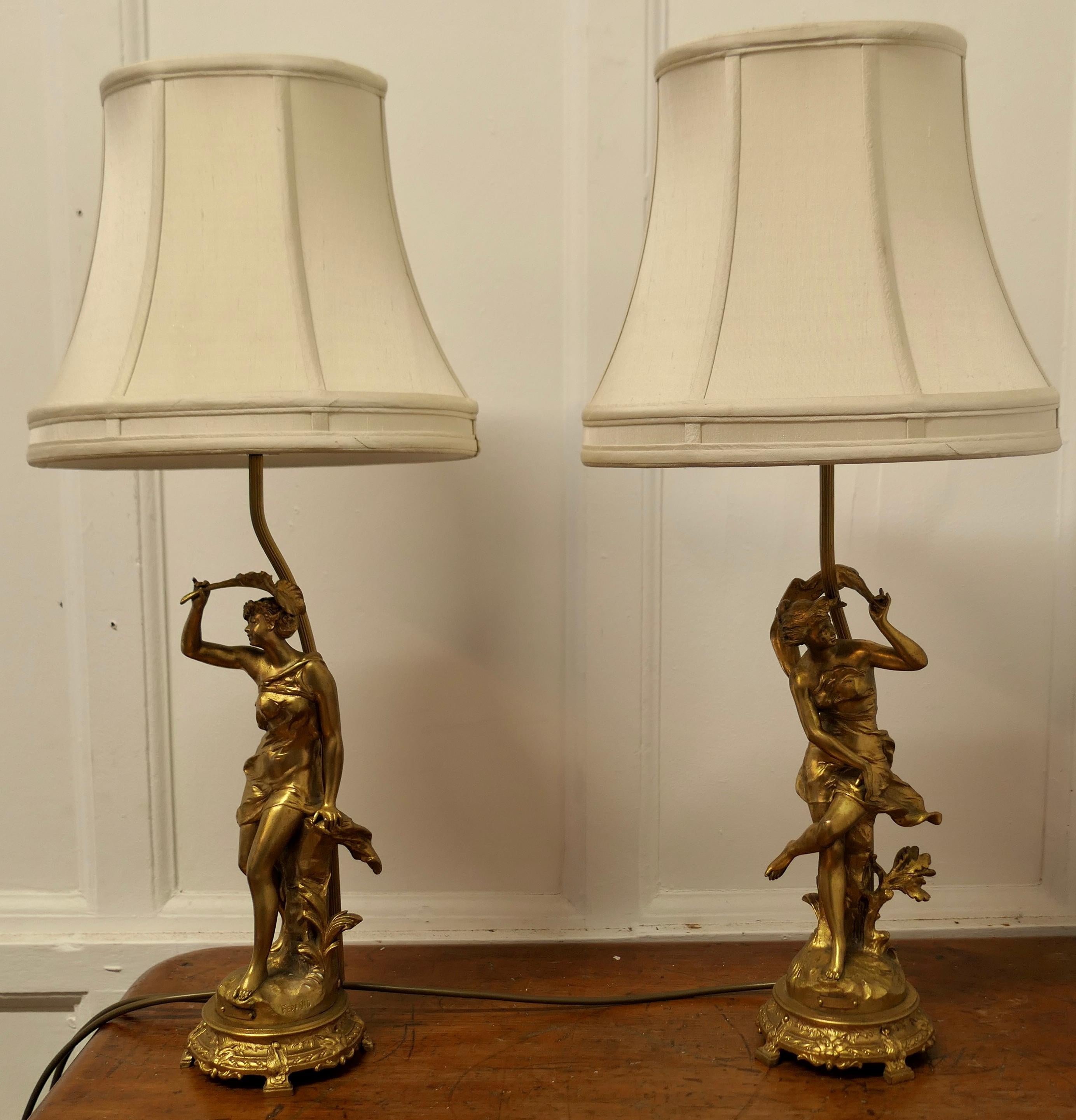 A Pair of French Figural Brass Lamps, after Ernest Justin Ferrand  A Pair of Fre 4