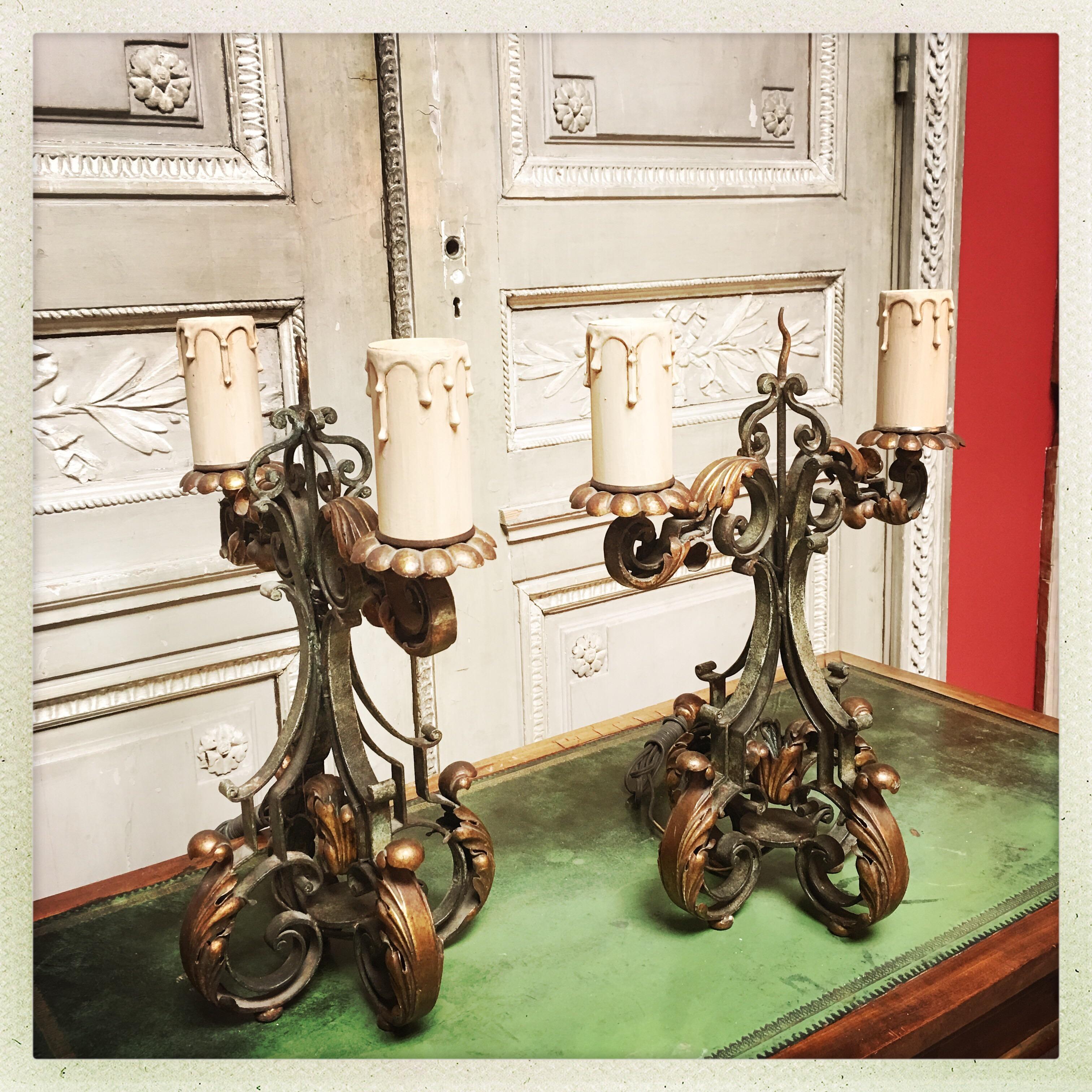 Baroque Pair of French Forged Iron Candelabra For Sale